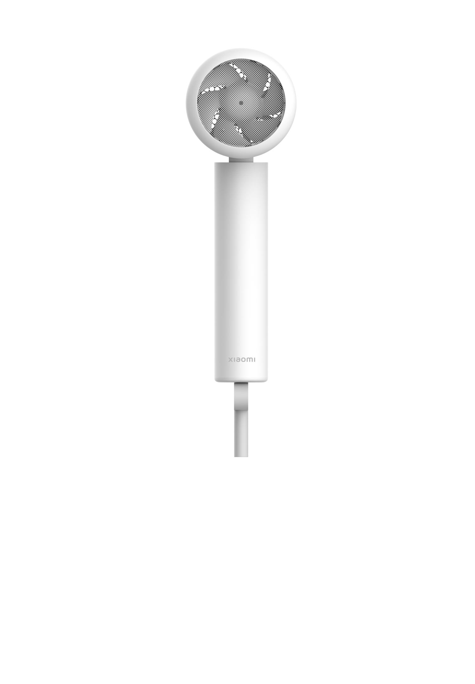 Yuvarlak, ızgaralı başlıklı beyaz bir Xiaomi saç kurutma makinesi.