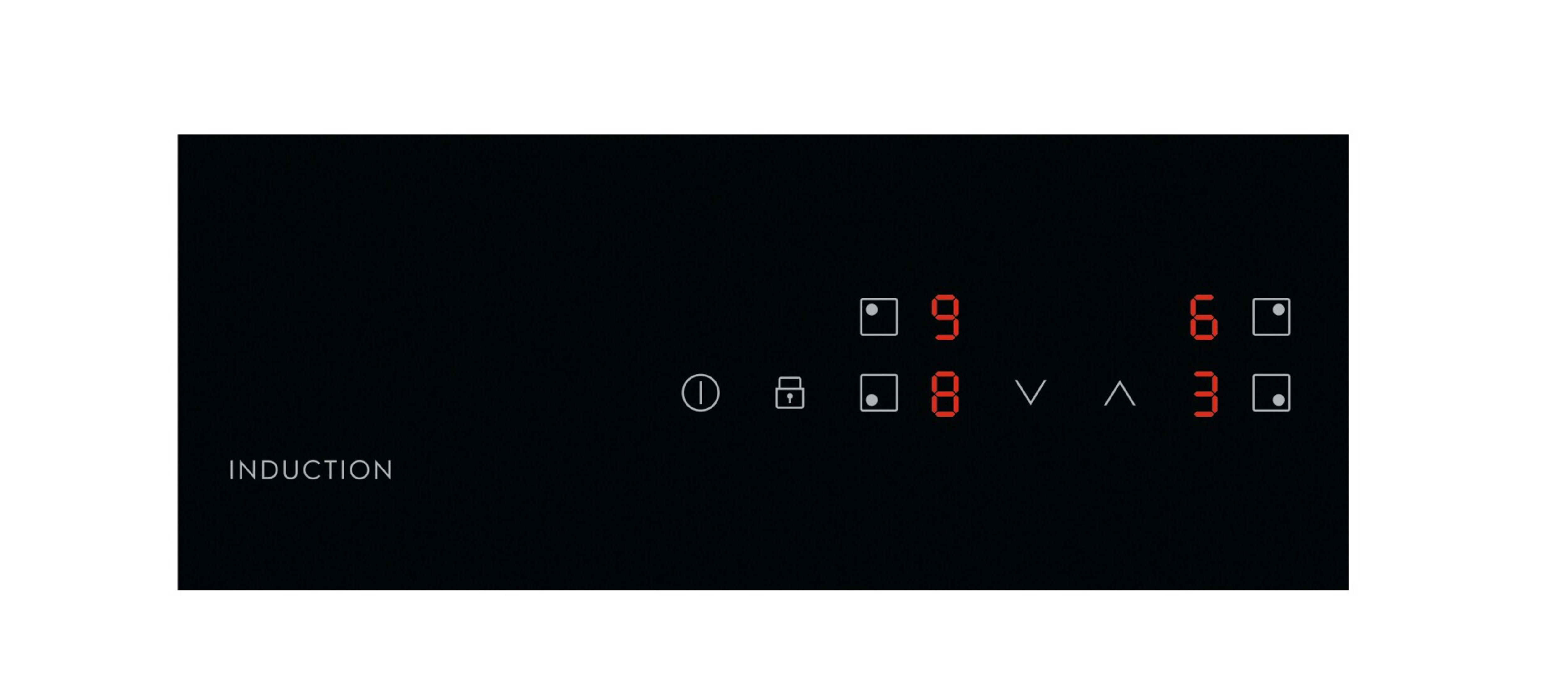 Płyta indukcyjna z czerwonymi wyświetlaczami cyfrowymi: 9, 6, 8, 3.