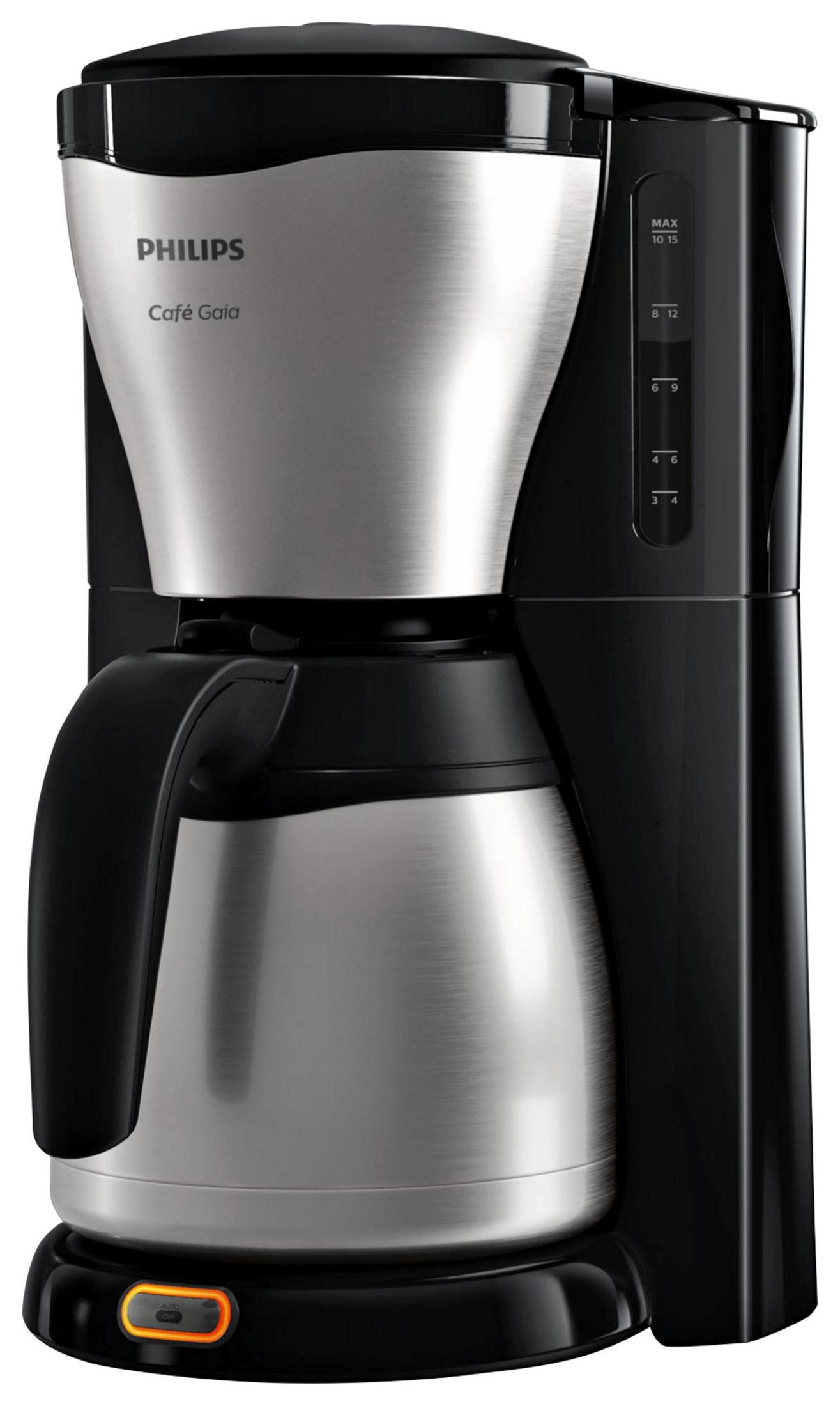 Macchina da caffè Philips nera con caraffa termica argentata e indicatore livello acqua.