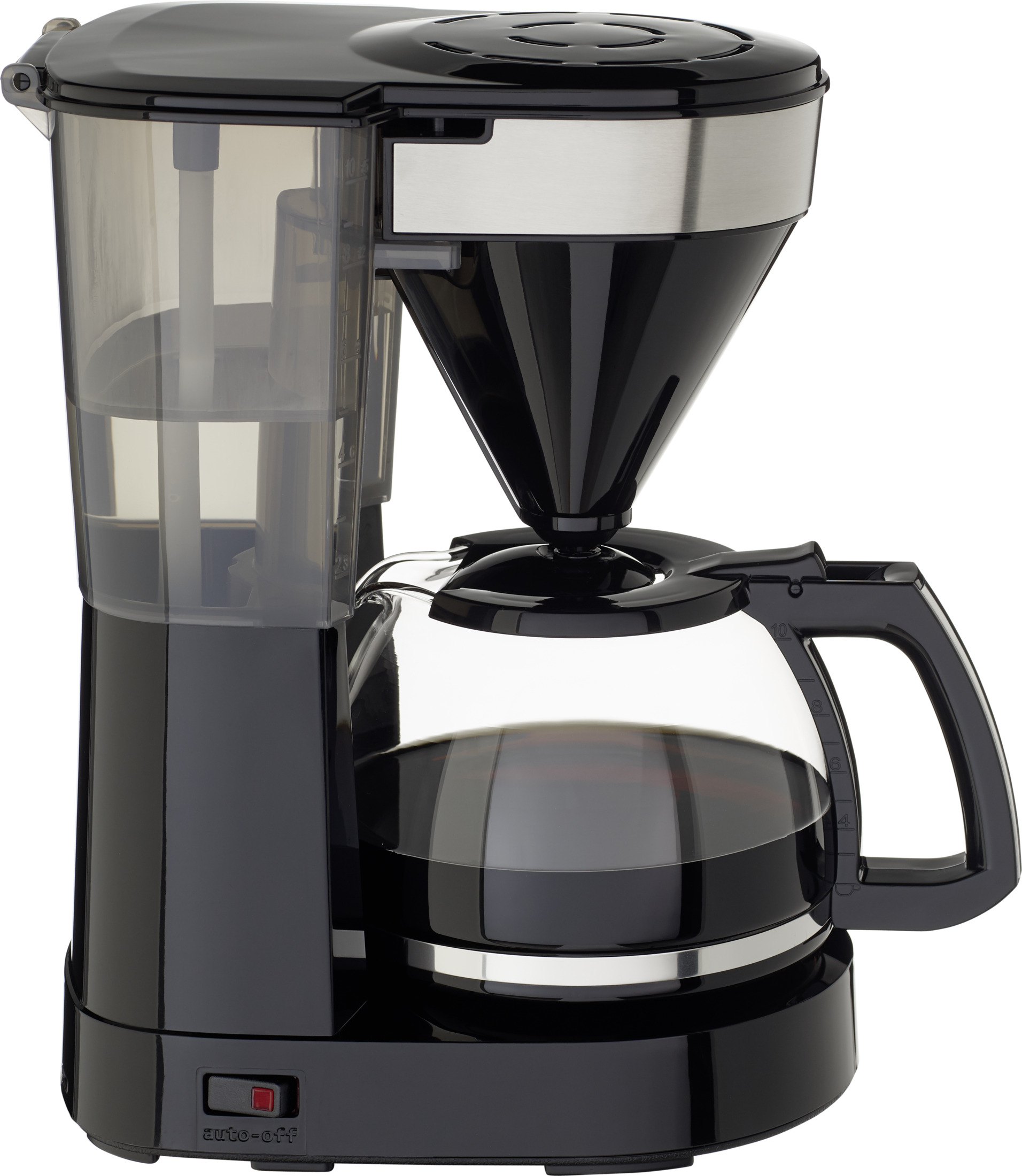 Czarny ekspres do kawy ze szklanym dzbankiem, zbiornikiem na wodę i czerwonym przełącznikiem.