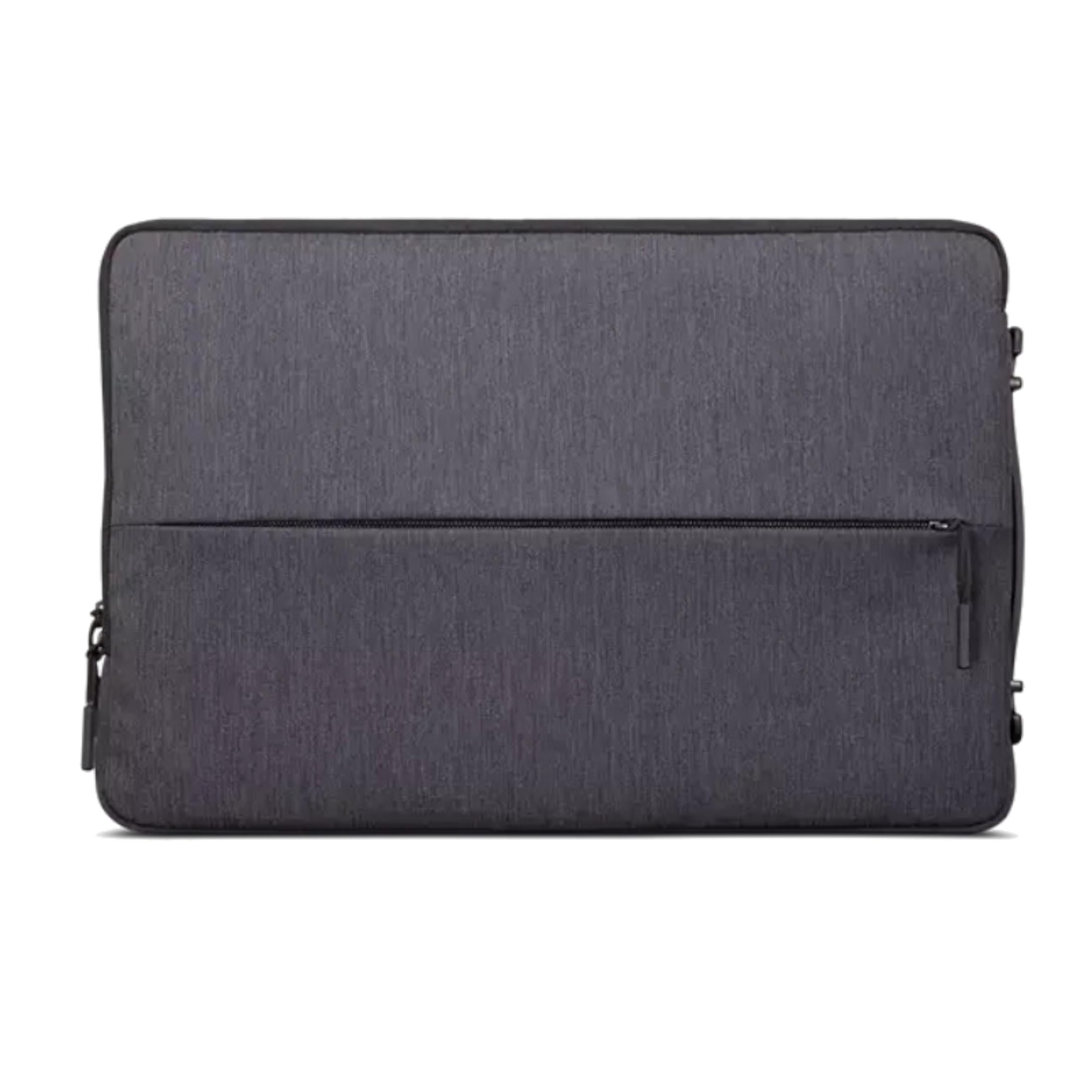 Una custodia grigia scura per laptop con tasca frontale con zip.