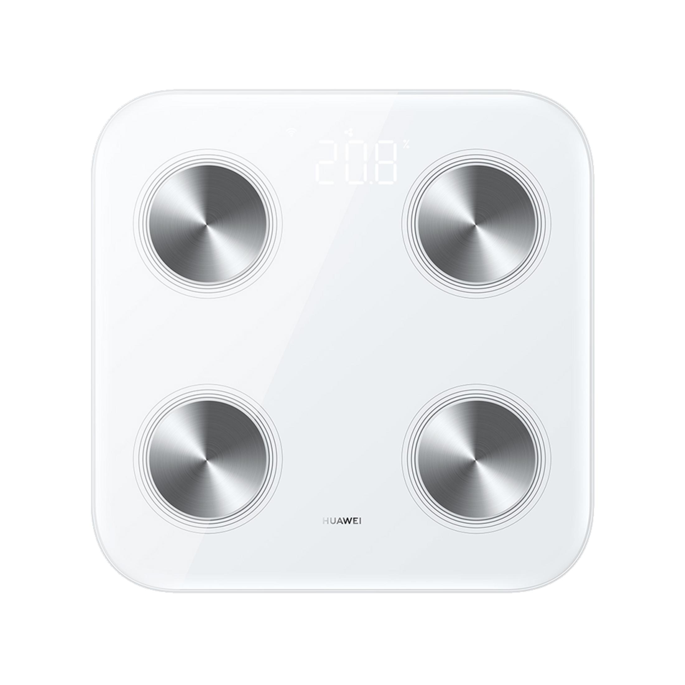 Biała inteligentna waga z czterema metalowymi dyskami i cyfrowym wyświetlaczem.