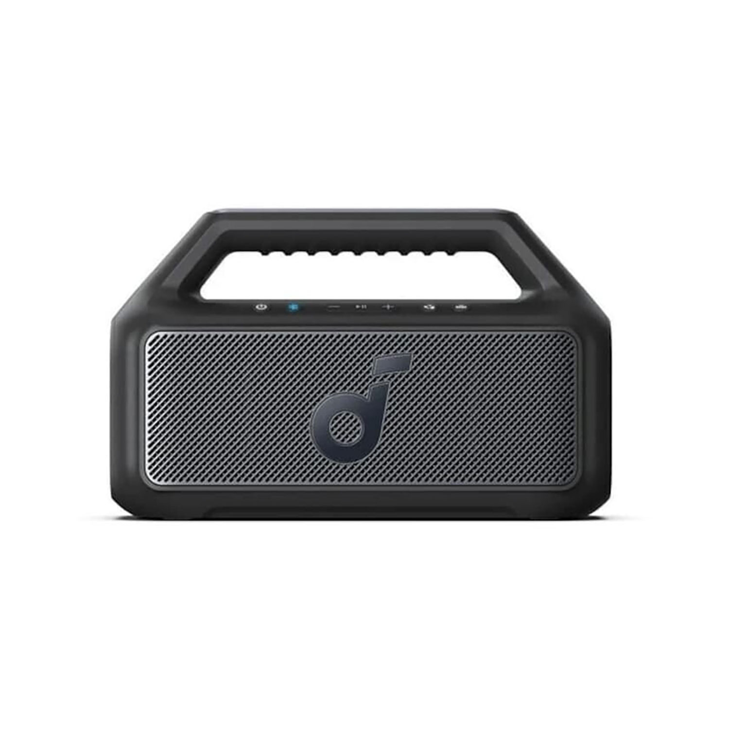 Altoparlante Bluetooth nero con manico e griglia frontale con logo Anker.