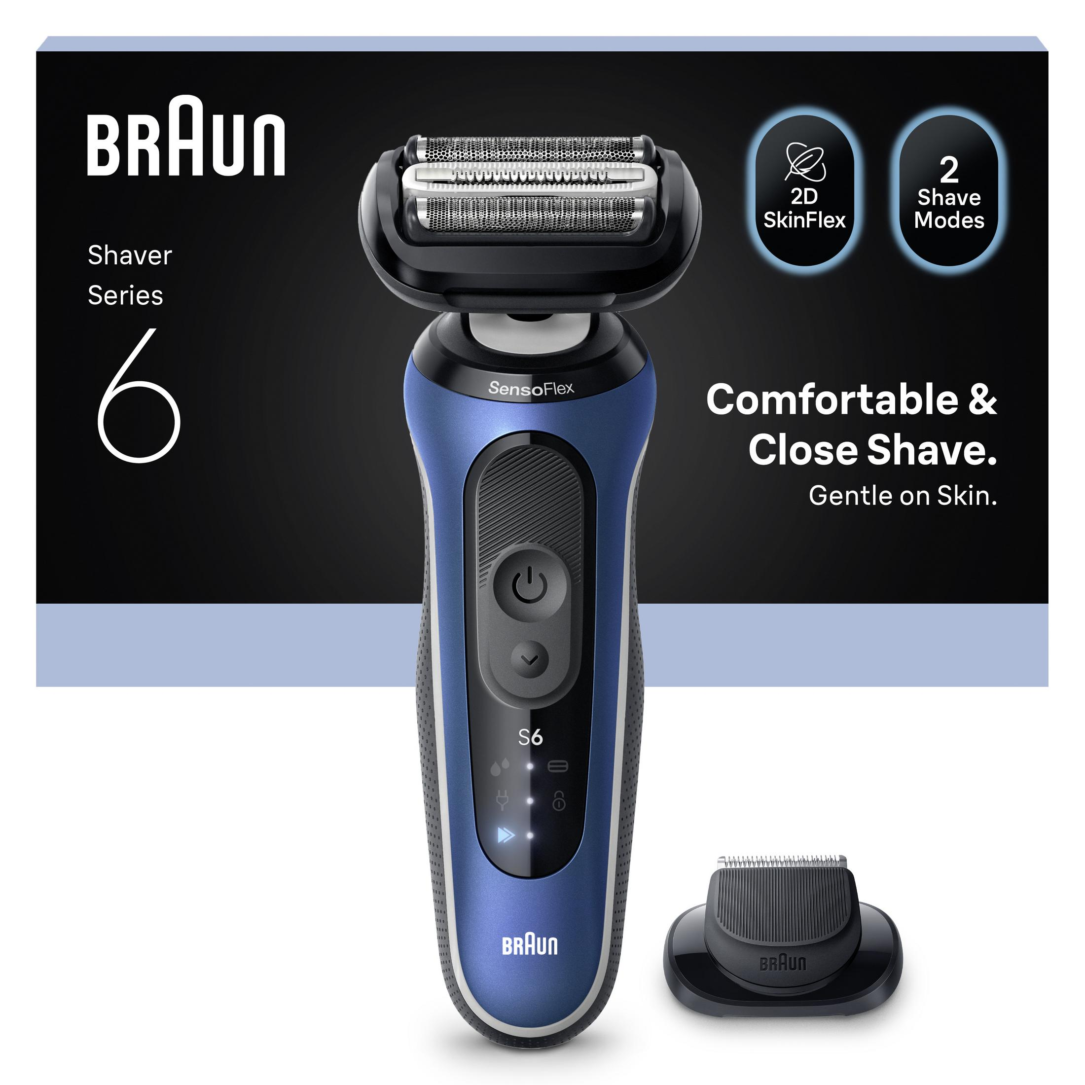 Ein blauer Braun Rasierer Serie 6 mit SensoFlex und 2 Schermodi.
