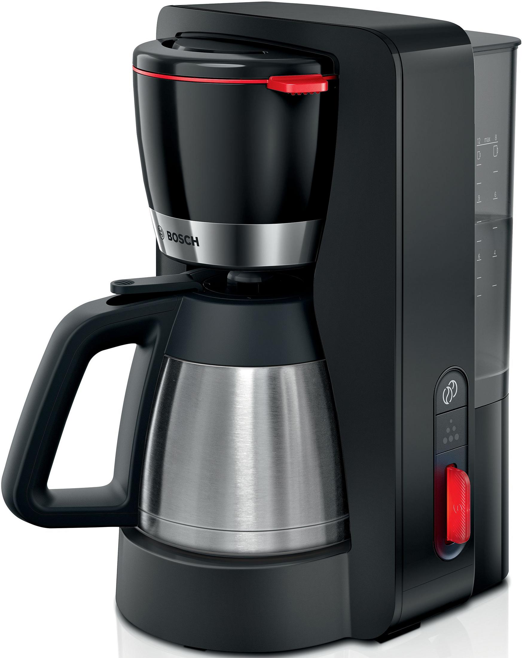 Macchina da caffè Bosch nera con caraffa termica e accenti rossi.