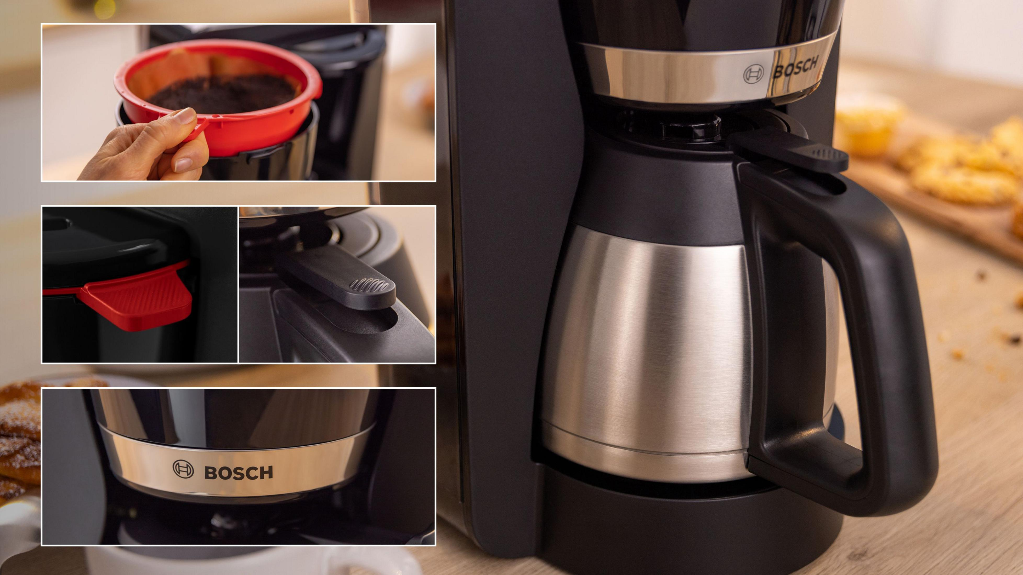 Macchina da caffè Bosch con caraffa termica e manico nero.
