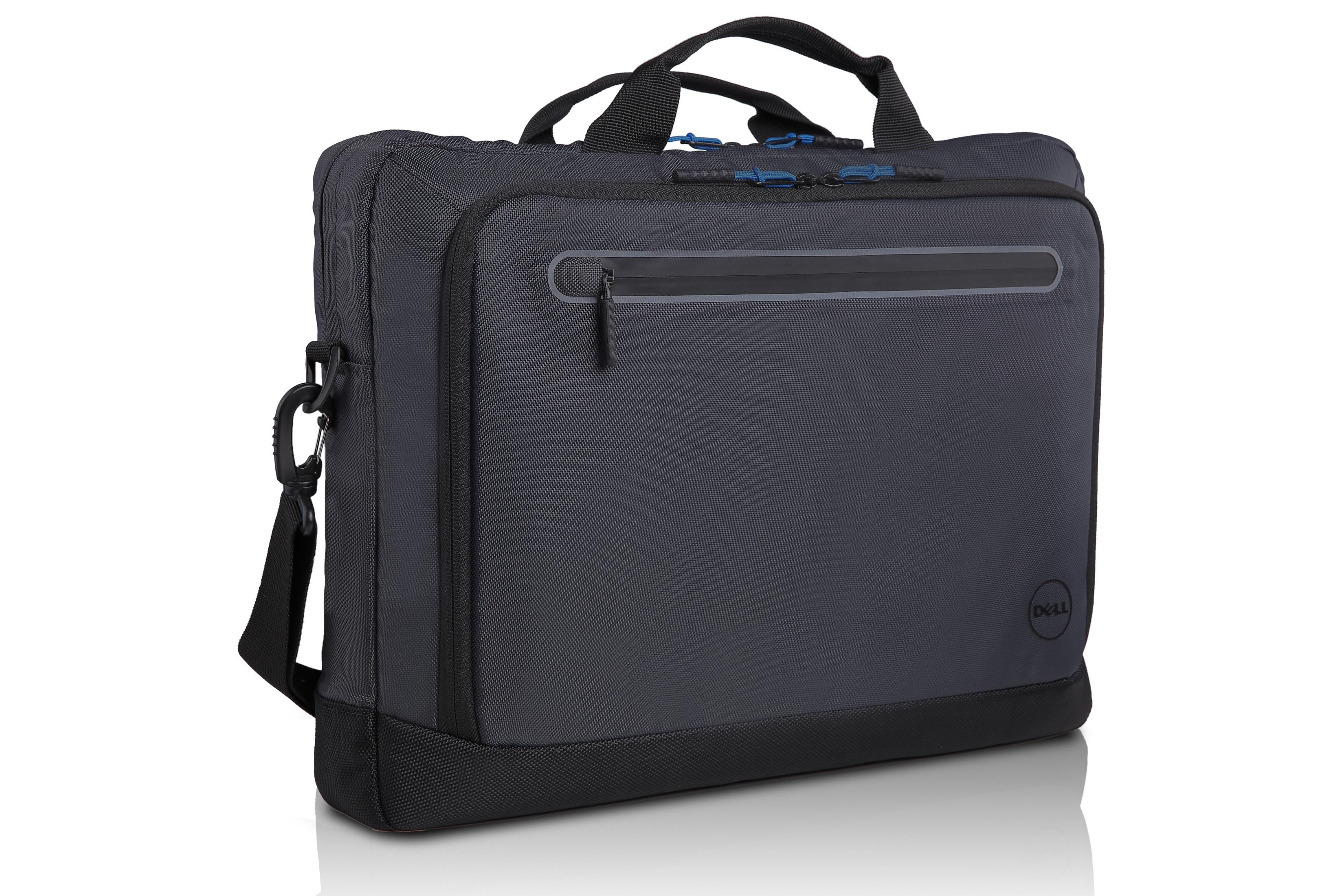 Borsa porta PC grigio scuro con manici e tracolla.