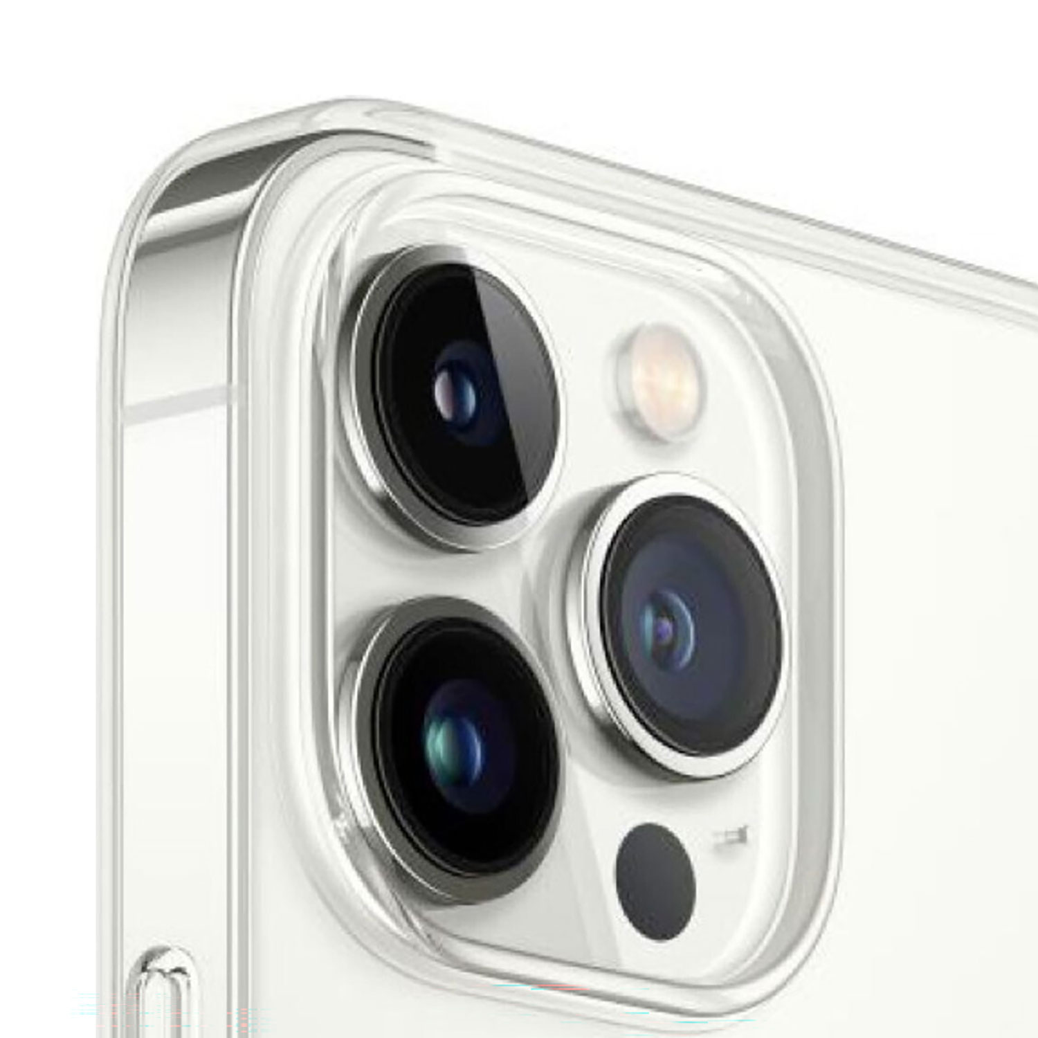 Close-up van de drievoudige cameralenzen van een witte smartphone in een doorzichtige hoes.