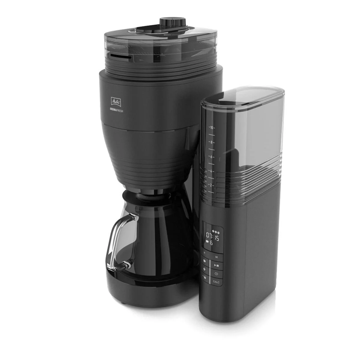 Black coffee maker with integrated grinder and glass carafe.
