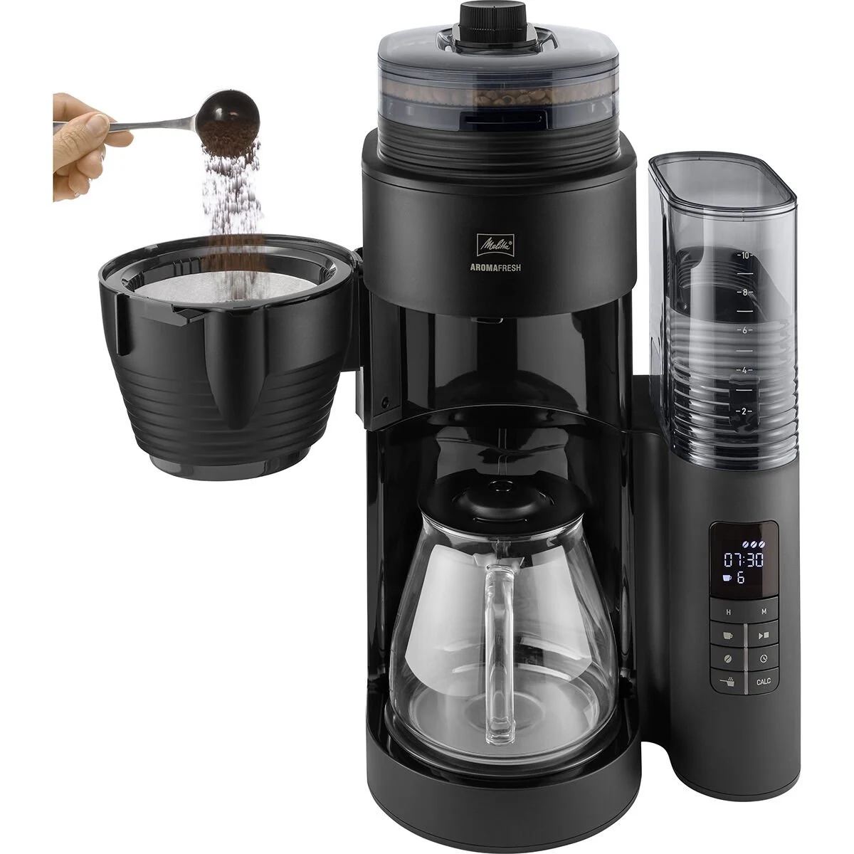 A black coffee machine with a built-in grinder, carafe, and water reservoir.