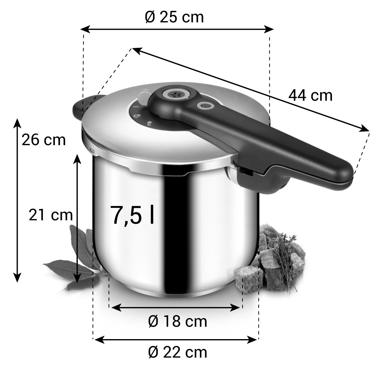 Edelstahl-Schnellkochtopf mit schwarzen Griffen, 7,5 Liter, Maße angegeben.