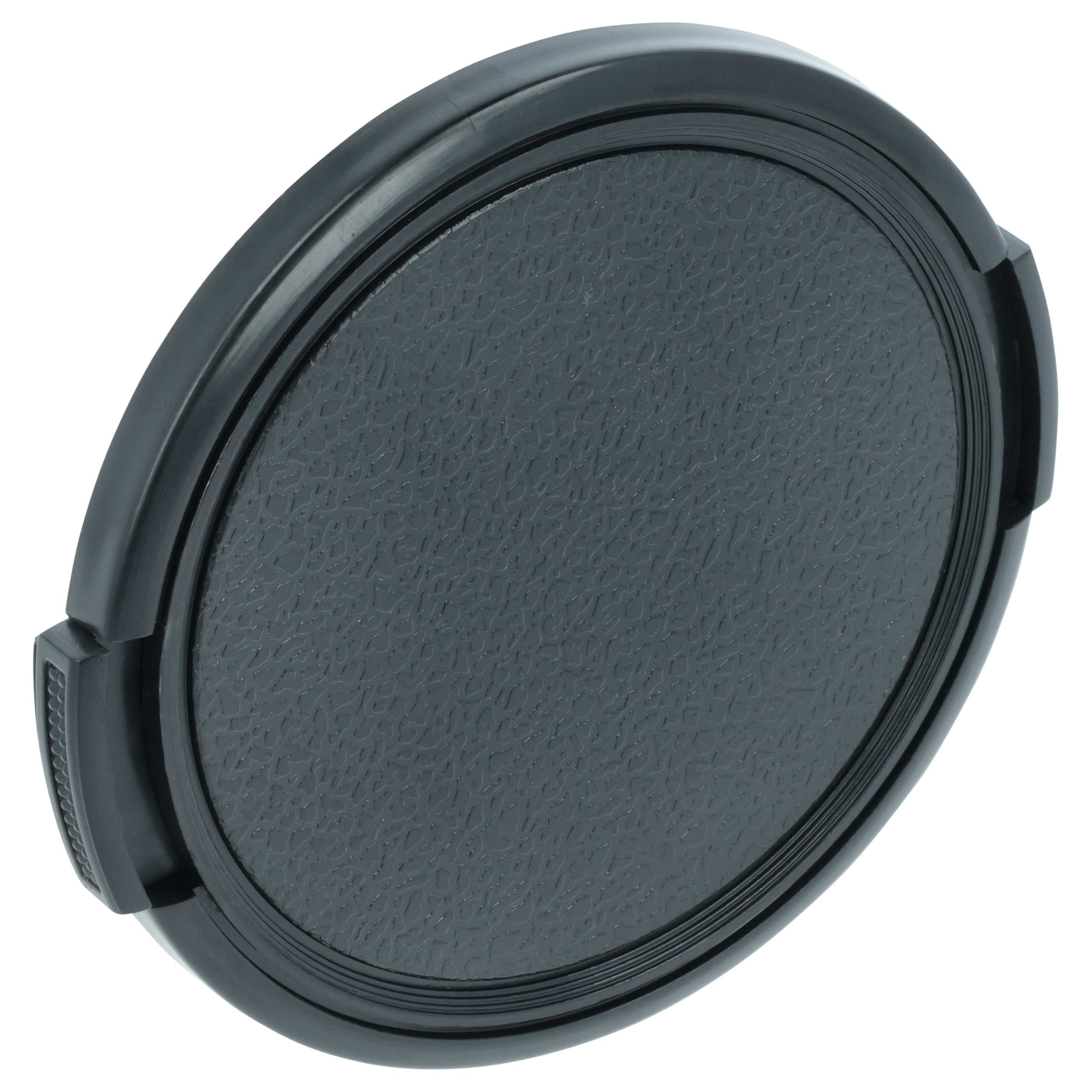 Schwarzer Objektivdeckel mit texturiertem Mittelteil und Rändel.