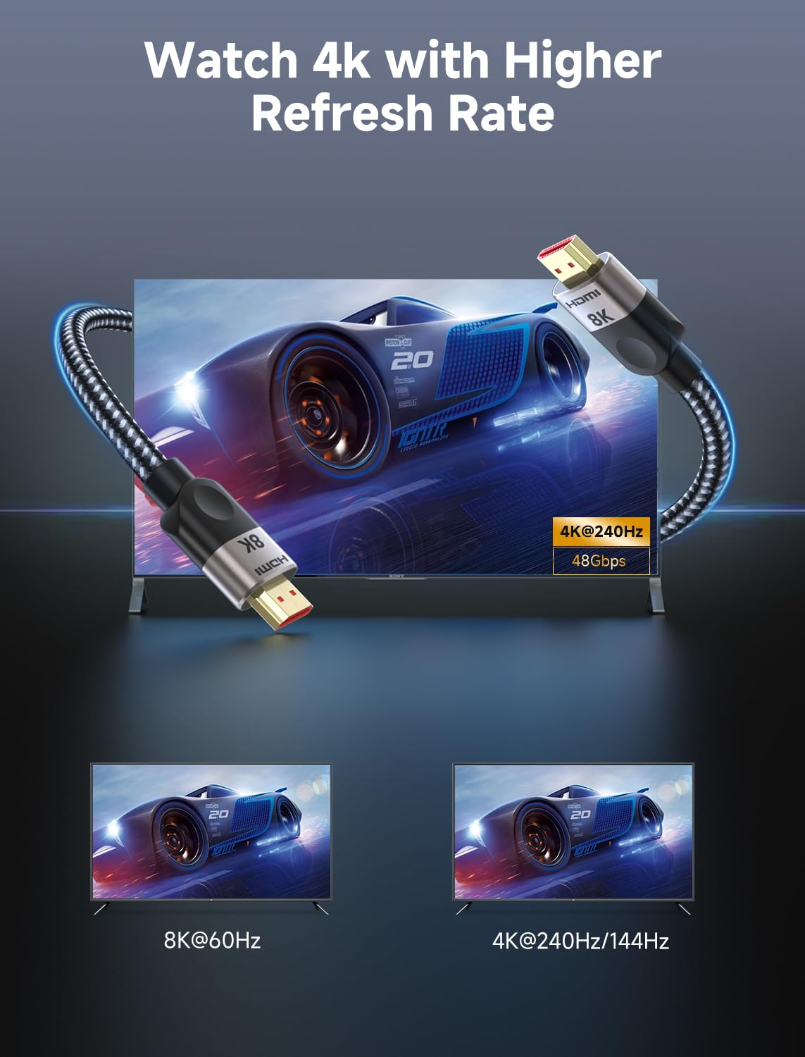 Wyświetlanie kabla HDMI 2.1 obsługującego rozdzielczość 8K i wysokie częstotliwości odświeżania.