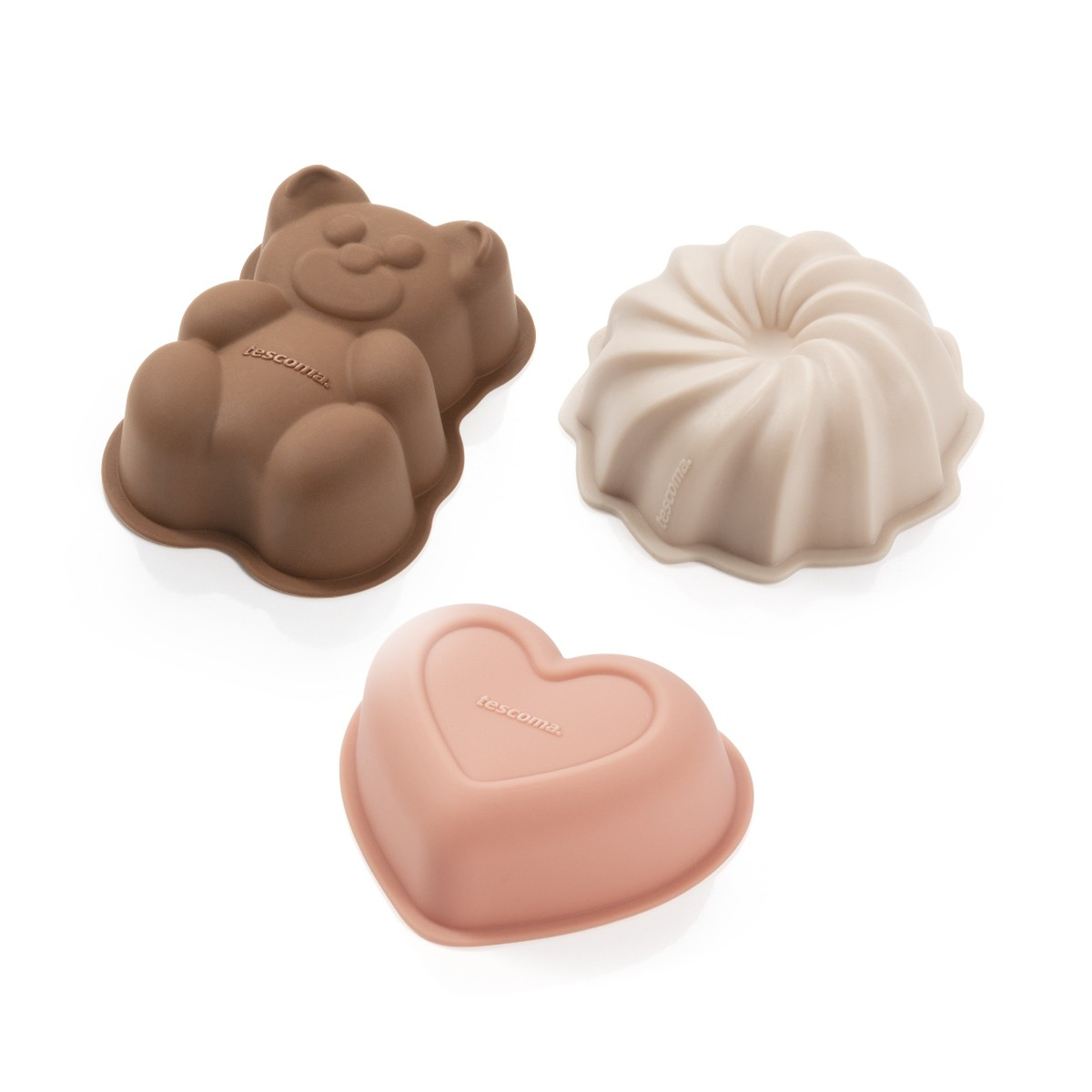 Drei Formen: Bär, Herz und Gugelhupf in Braun, Rosa und Beige.