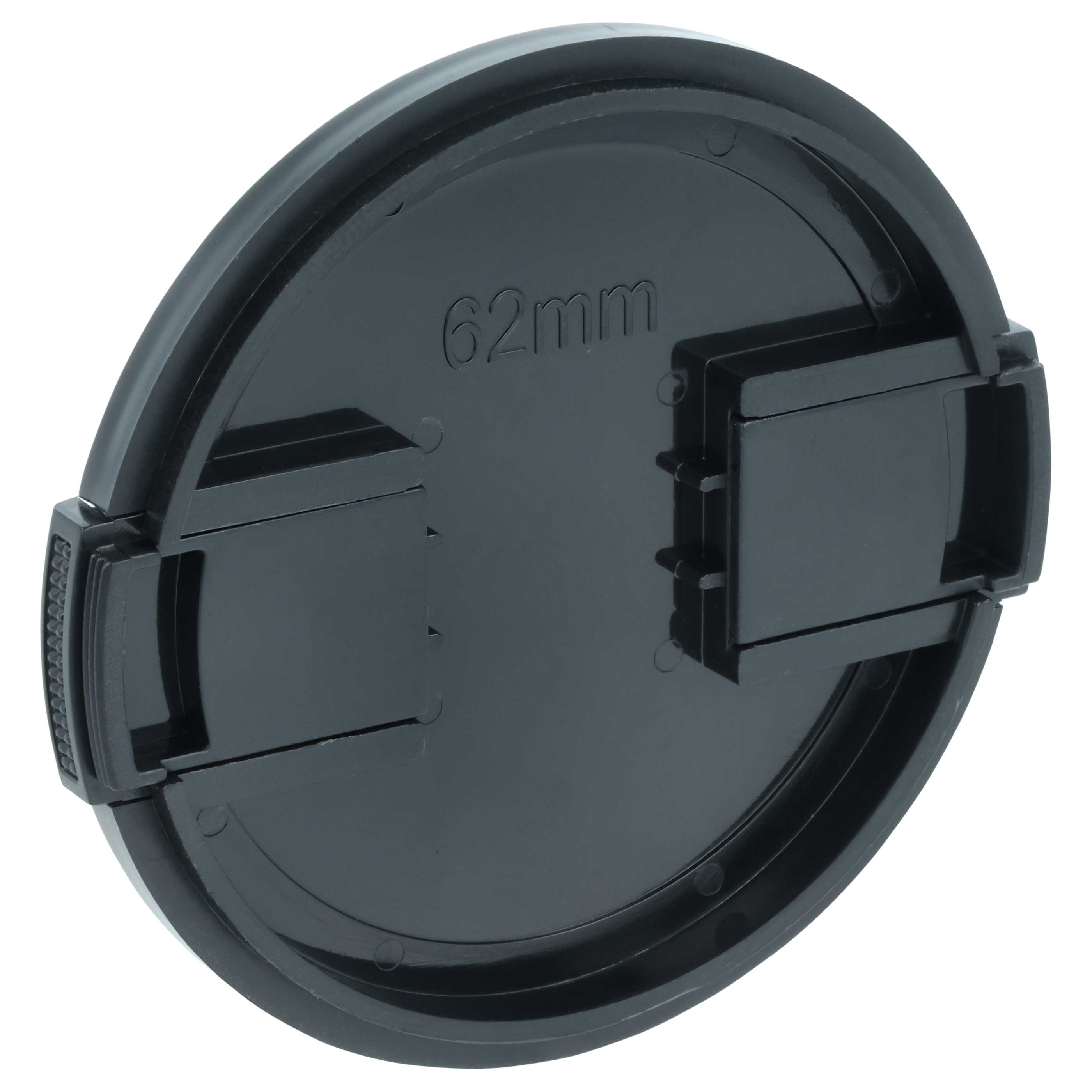 Schwarzer Objektivdeckel mit 62mm Beschriftung und Clips.