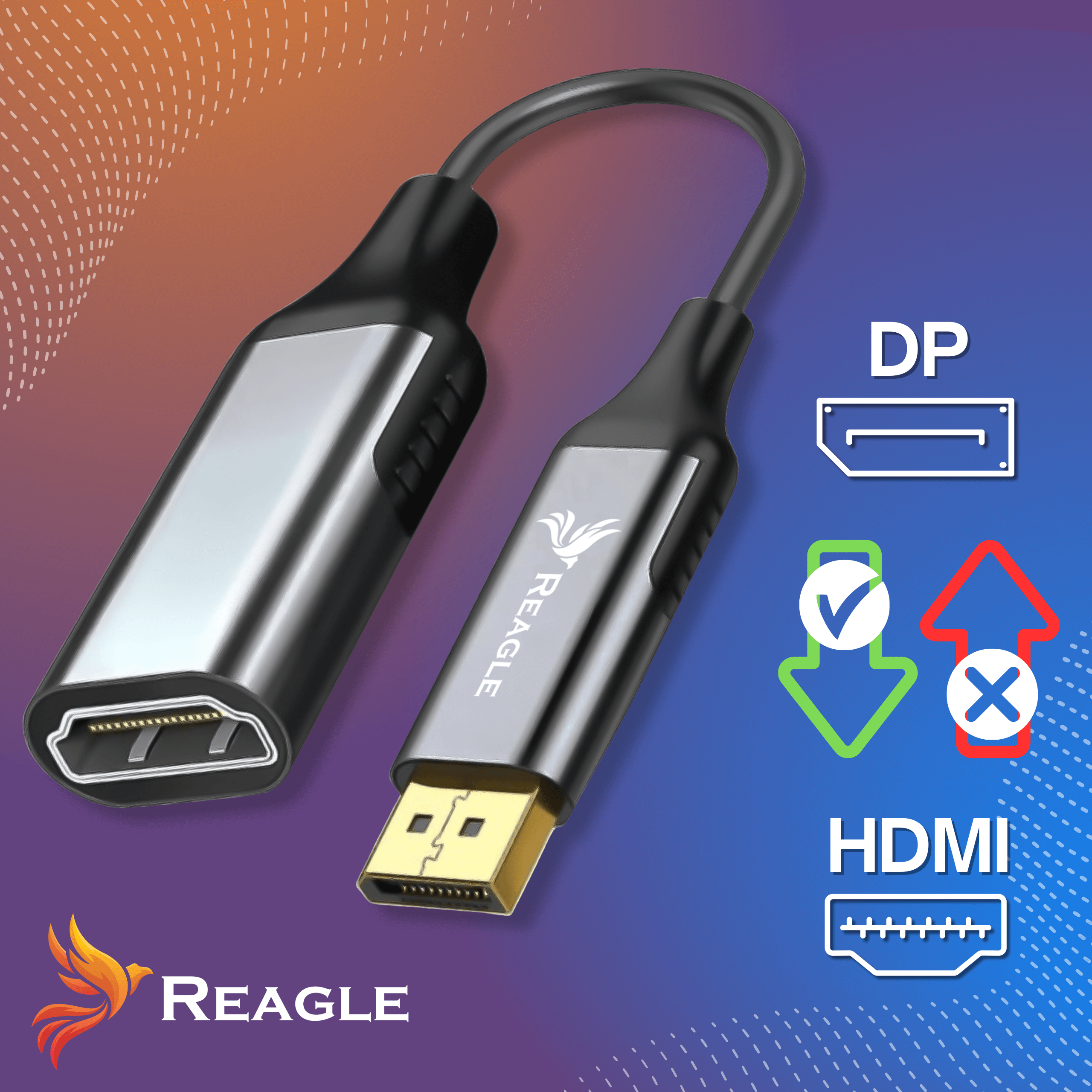 Czarny adapter DisplayPort na HDMI z srebrnymi akcentami i emblematem marki.
