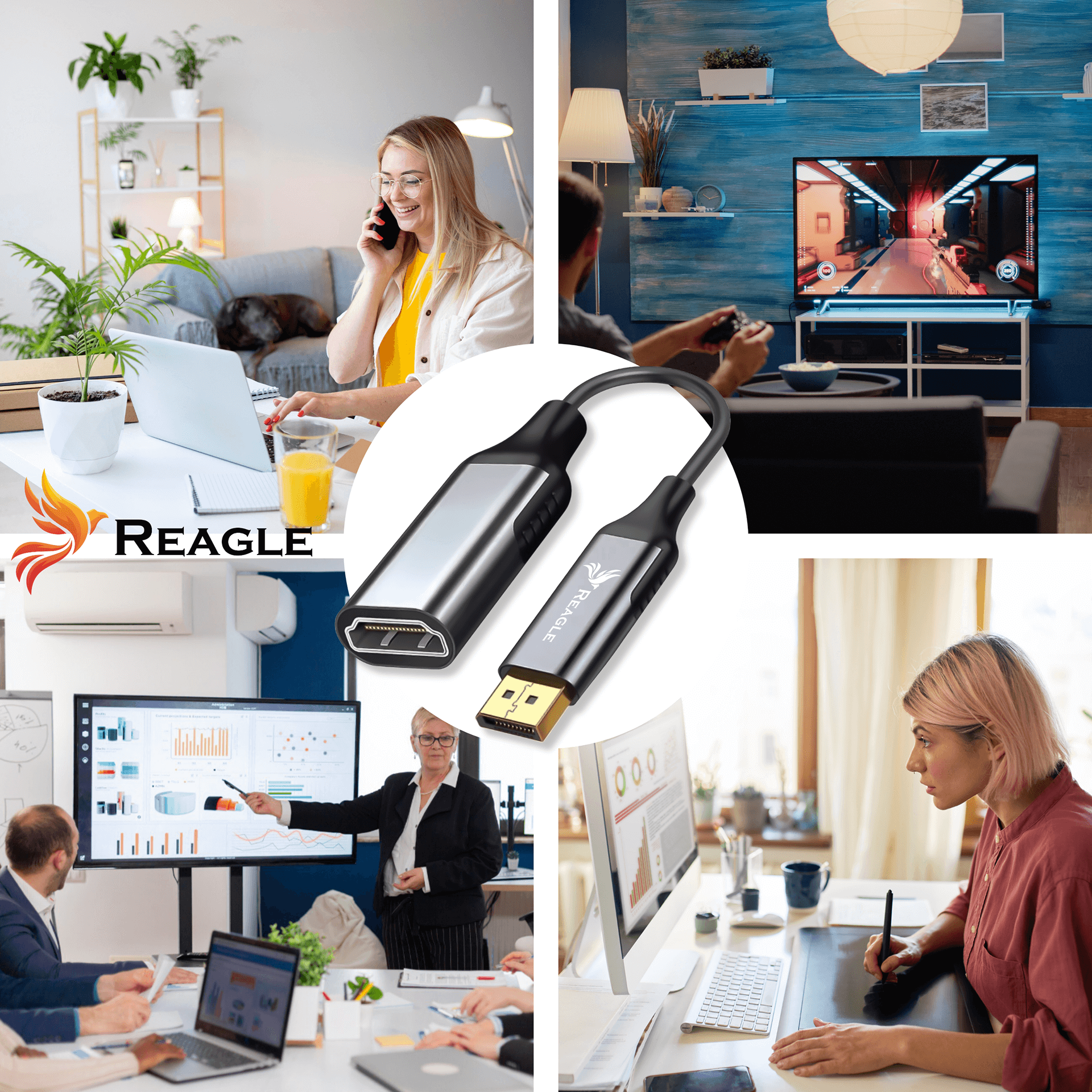 Kolaż osób pracujących i bawiących się: praca zdalna, gry, spotkanie, sztuka cyfrowa, produkt.