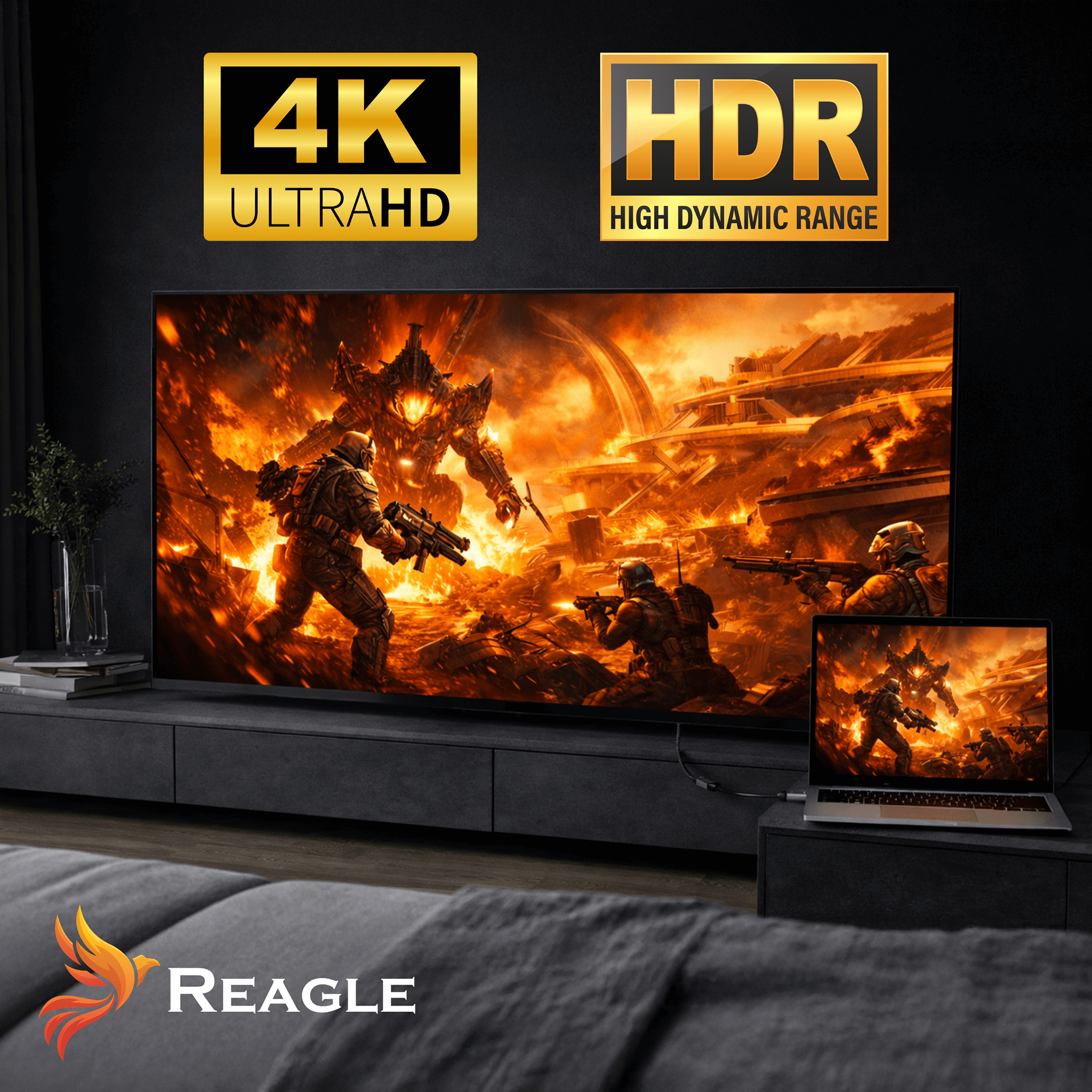 Gra akcji na telewizorze i laptopie z logo 4K i HDR.