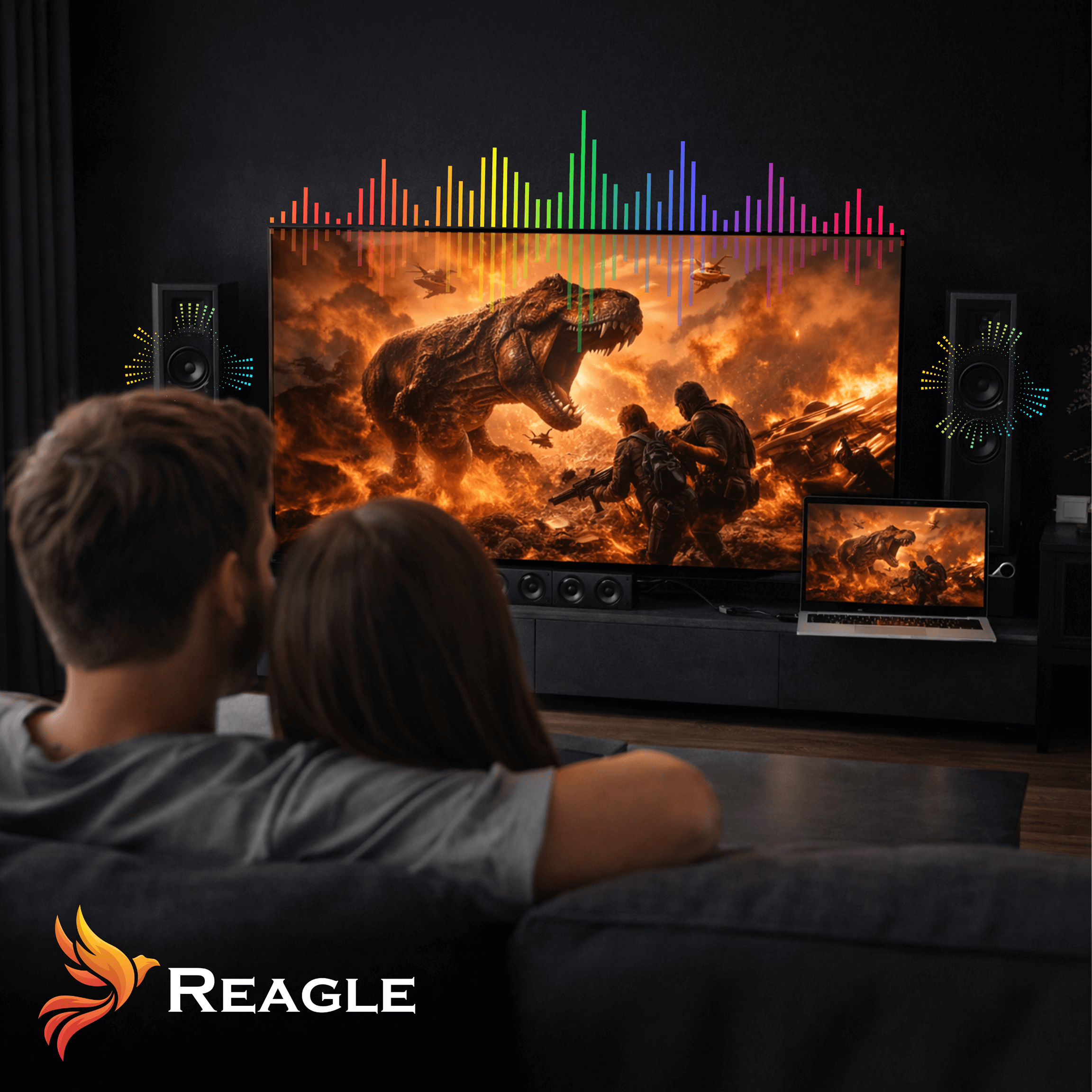 Para ogląda telewizor z filmem o dinozaurach, soundbarami, głośnikami i laptopem.