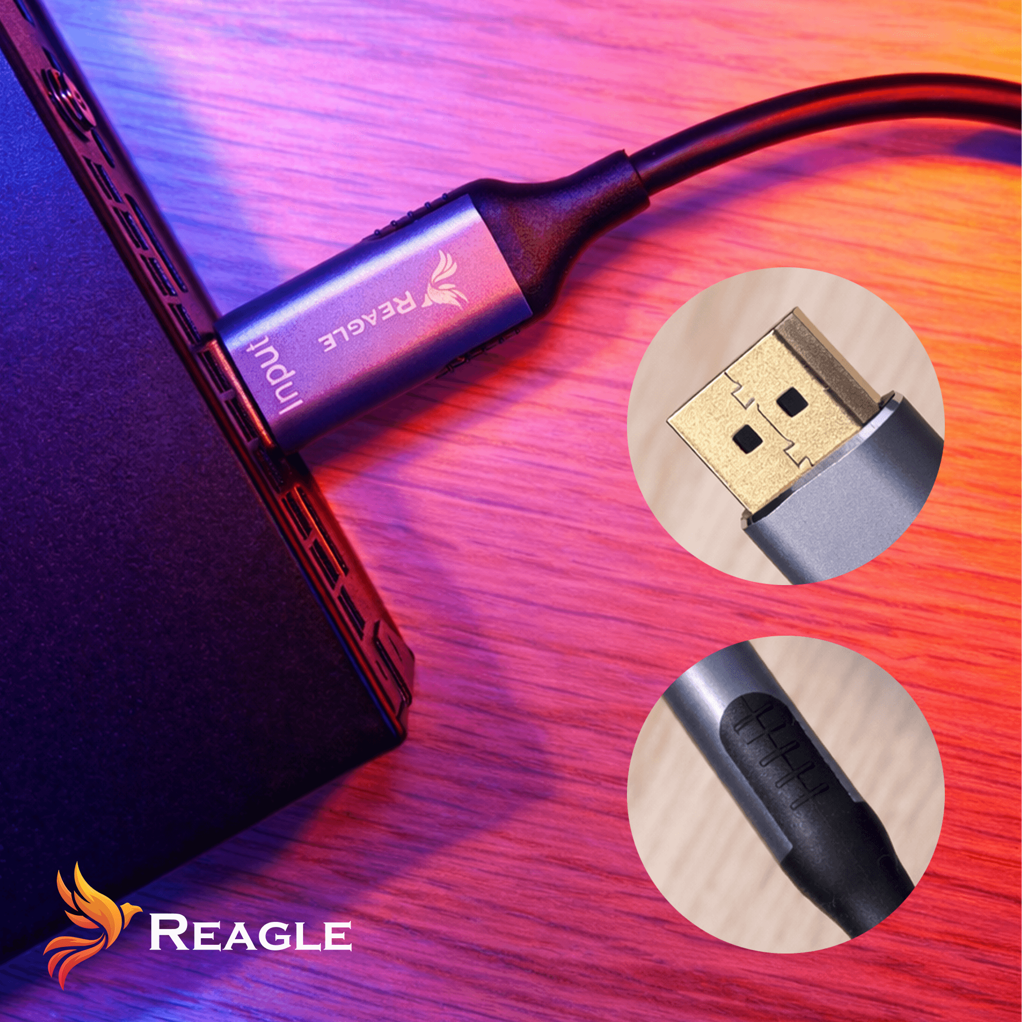 Kabel HDMI podłączony do portu. Zbliżenia na wtyczkę i kabel.