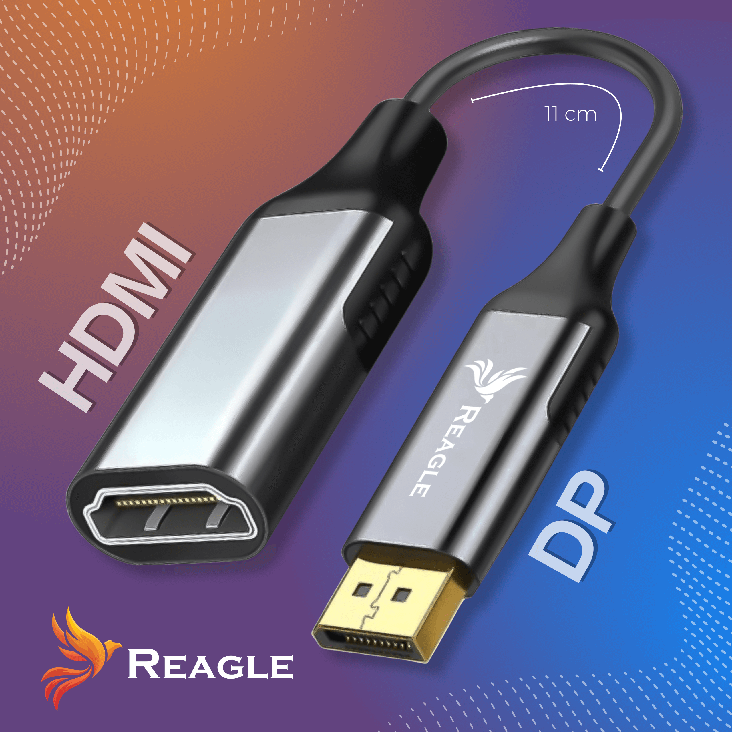 Czarny kabel HDMI na DisplayPort z logo Reagle, o długości 11 cm.