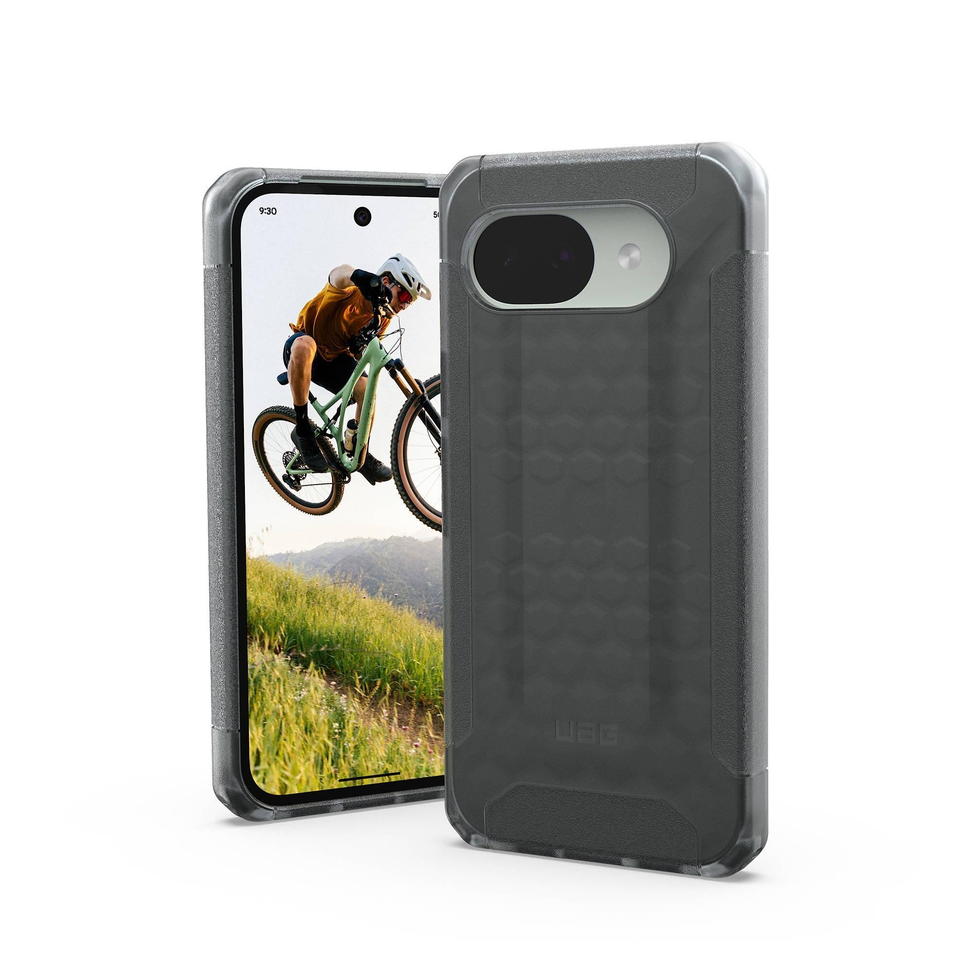 Ein Smartphone mit einem Mountainbiker in der Luft auf dem Bildschirm.