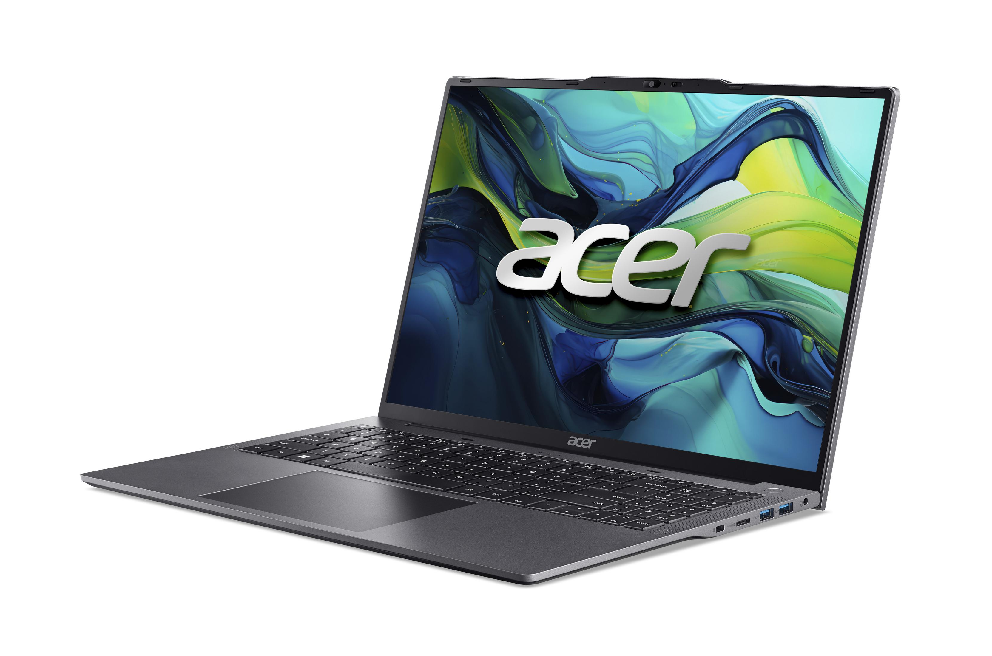 Ekranında "acer" logosu bulunan gri Acer dizüstü bilgisayar.