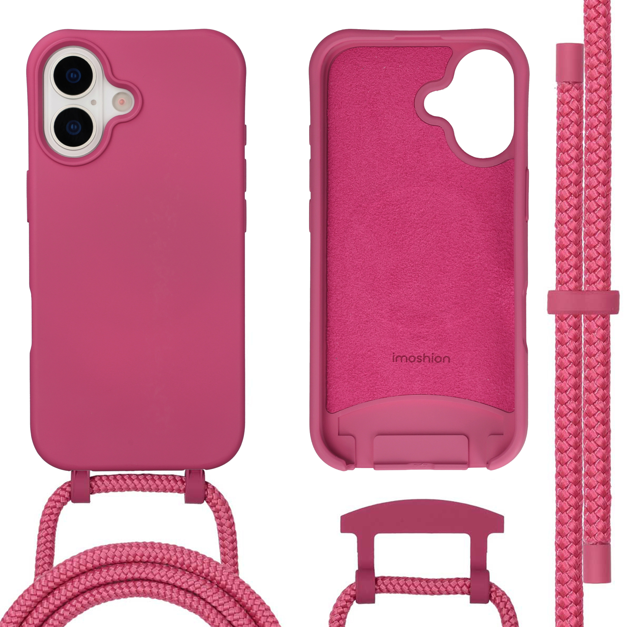 Une coque de téléphone rose avec découpe caméra et un cordon.