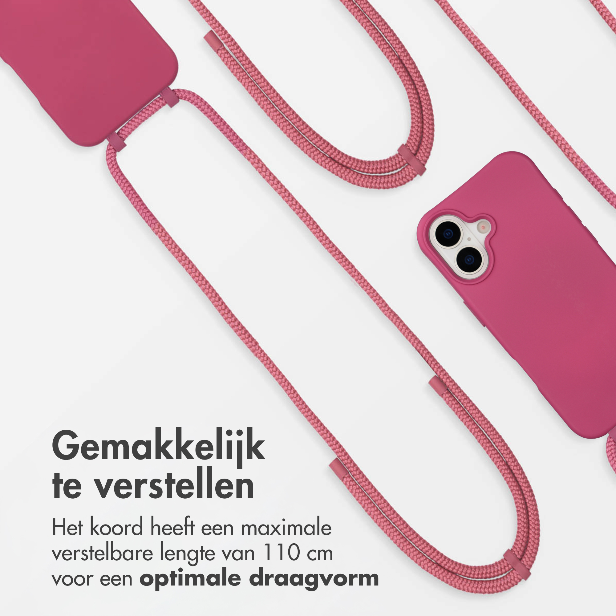 Une coque de téléphone rose avec un cordon réglable qui l'entoure.