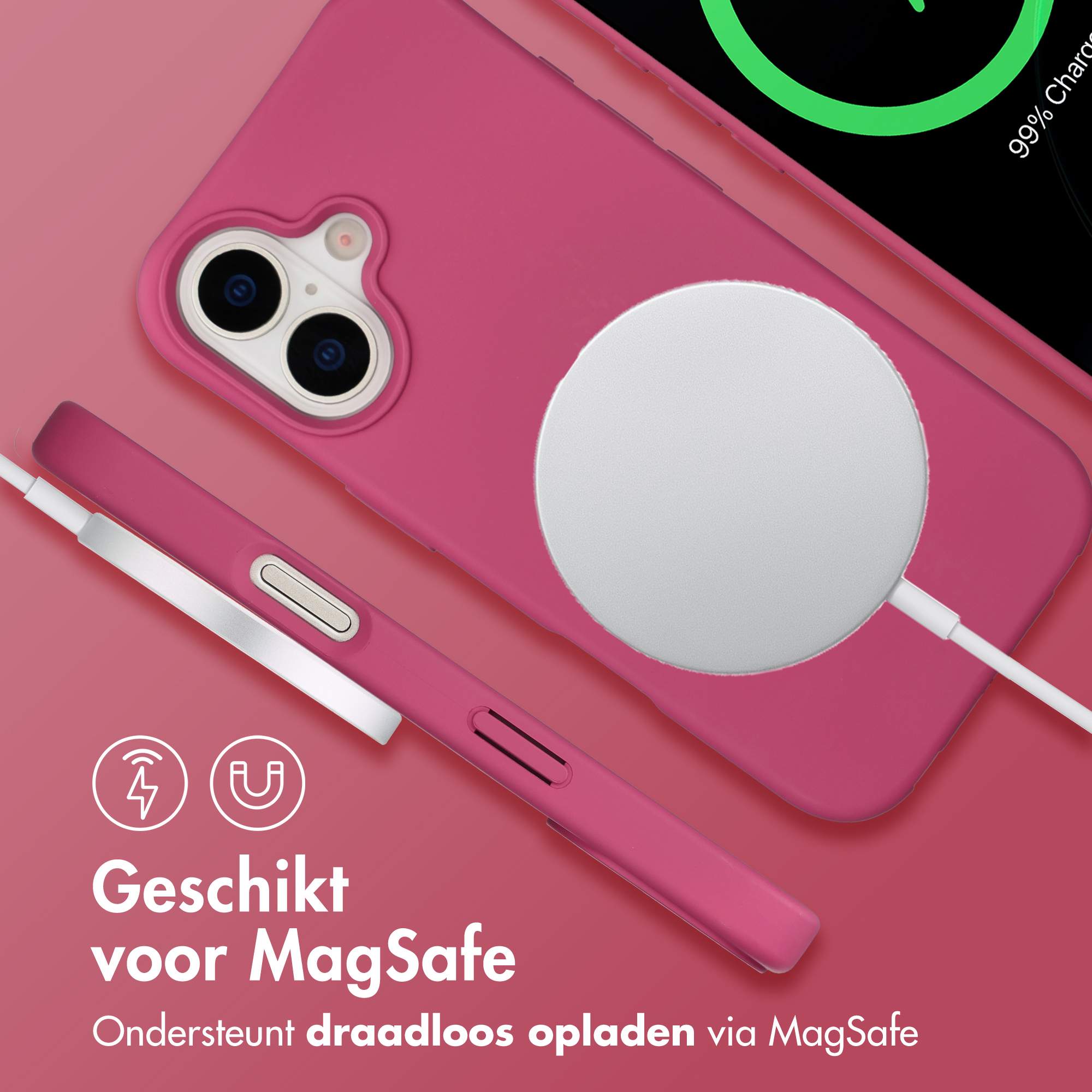 Étui rose avec chargeur MagSafe et téléphone. Icônes à gauche.
