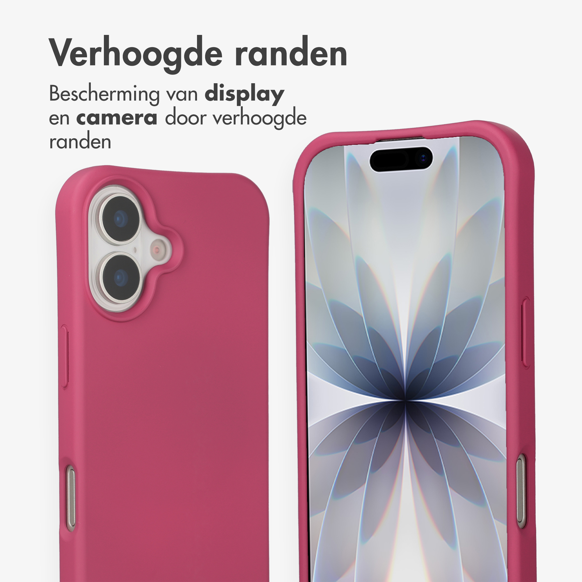 Une coque de téléphone rose montre l'arrière avec les caméras et l'avant avec un écran.