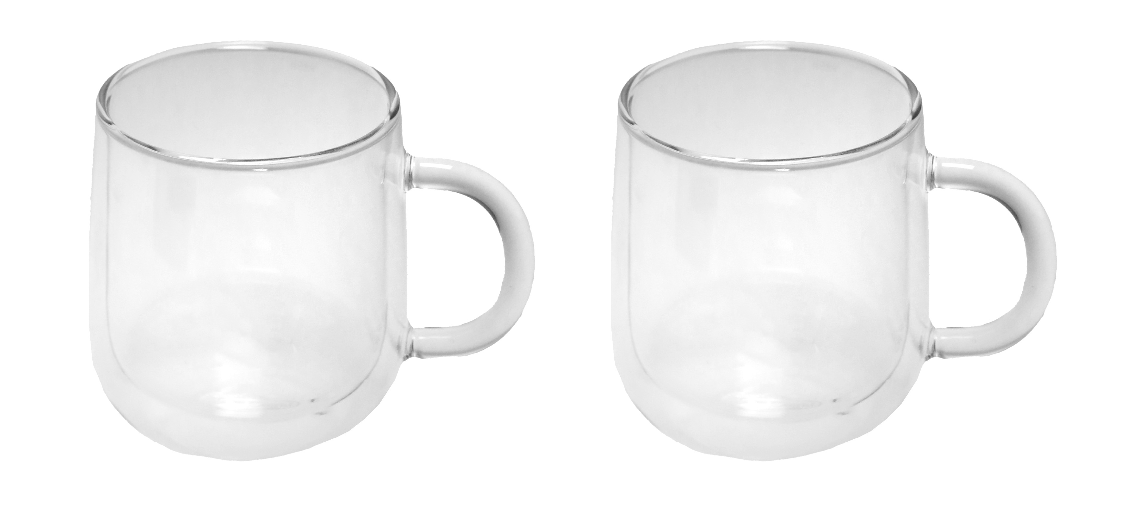 Zwei transparente doppelwandige Glasbecher nebeneinander auf weißem Hintergrund.