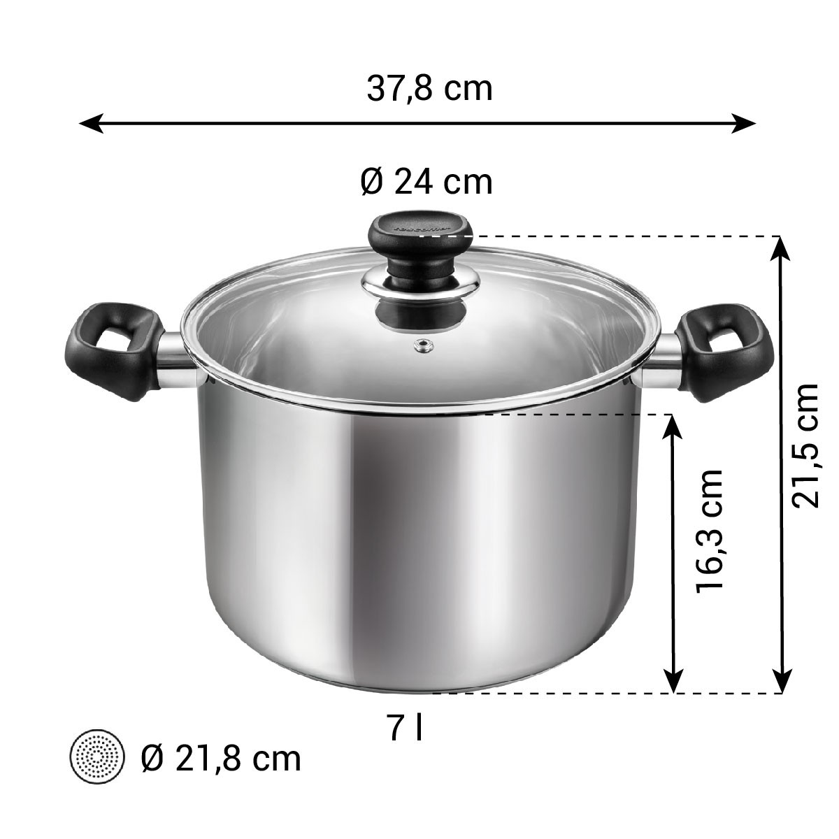 Edelstahltopf mit Glasdeckel, 24cm Durchmesser, 7 Liter Fassungsvermögen.