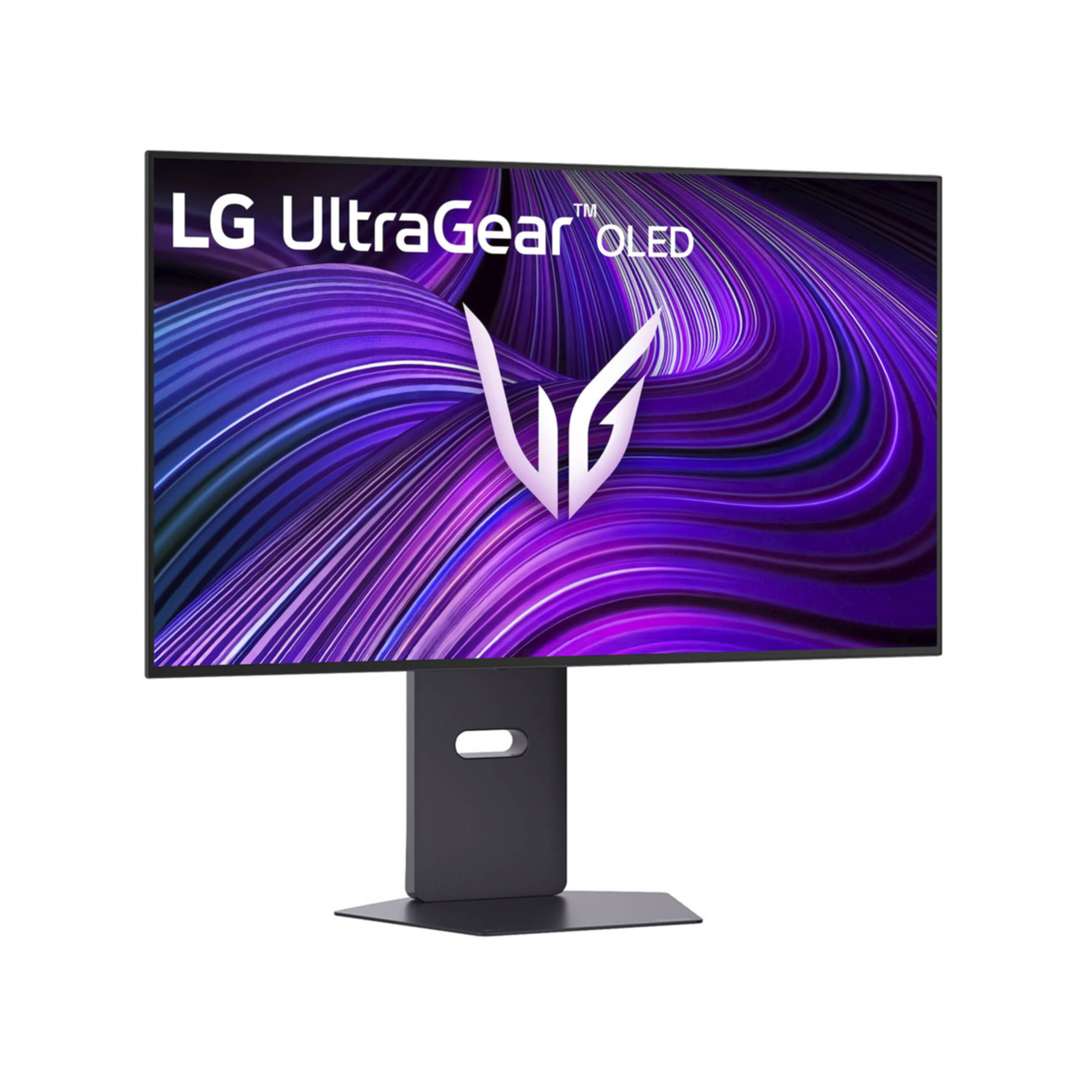 Un monitor LG UltraGear OLED con fondo morado dinámico y logo blanco.