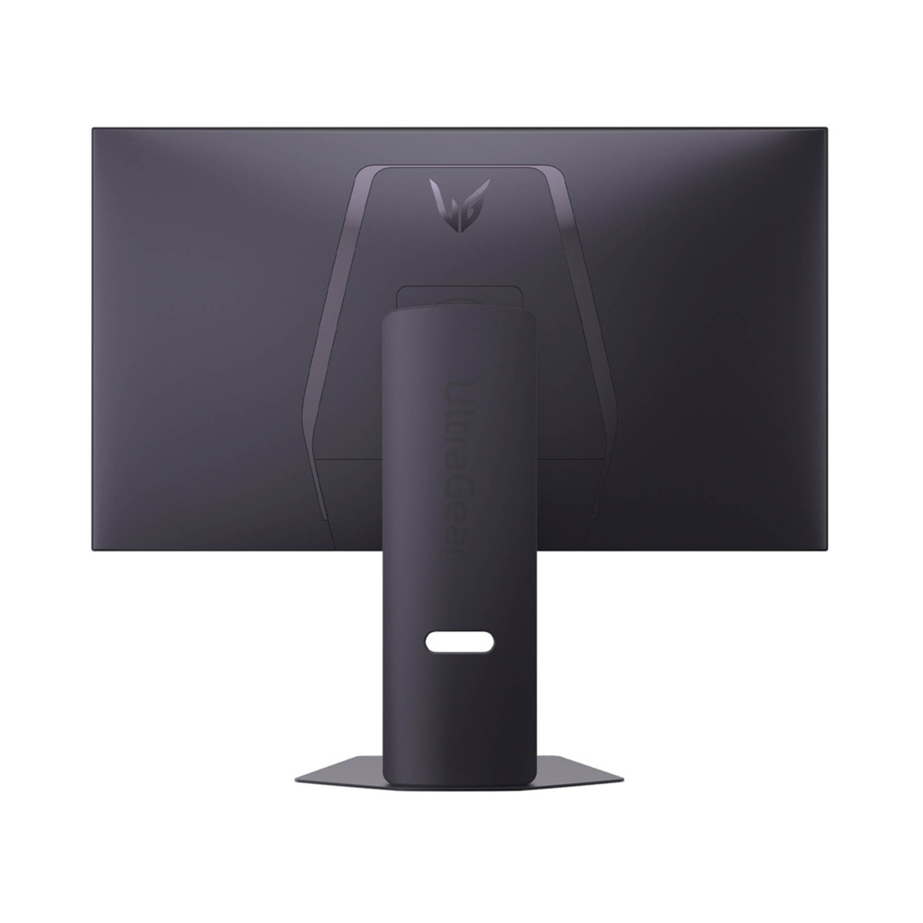 Vista trasera de un monitor negro con logo LG UltraGear y soporte.
