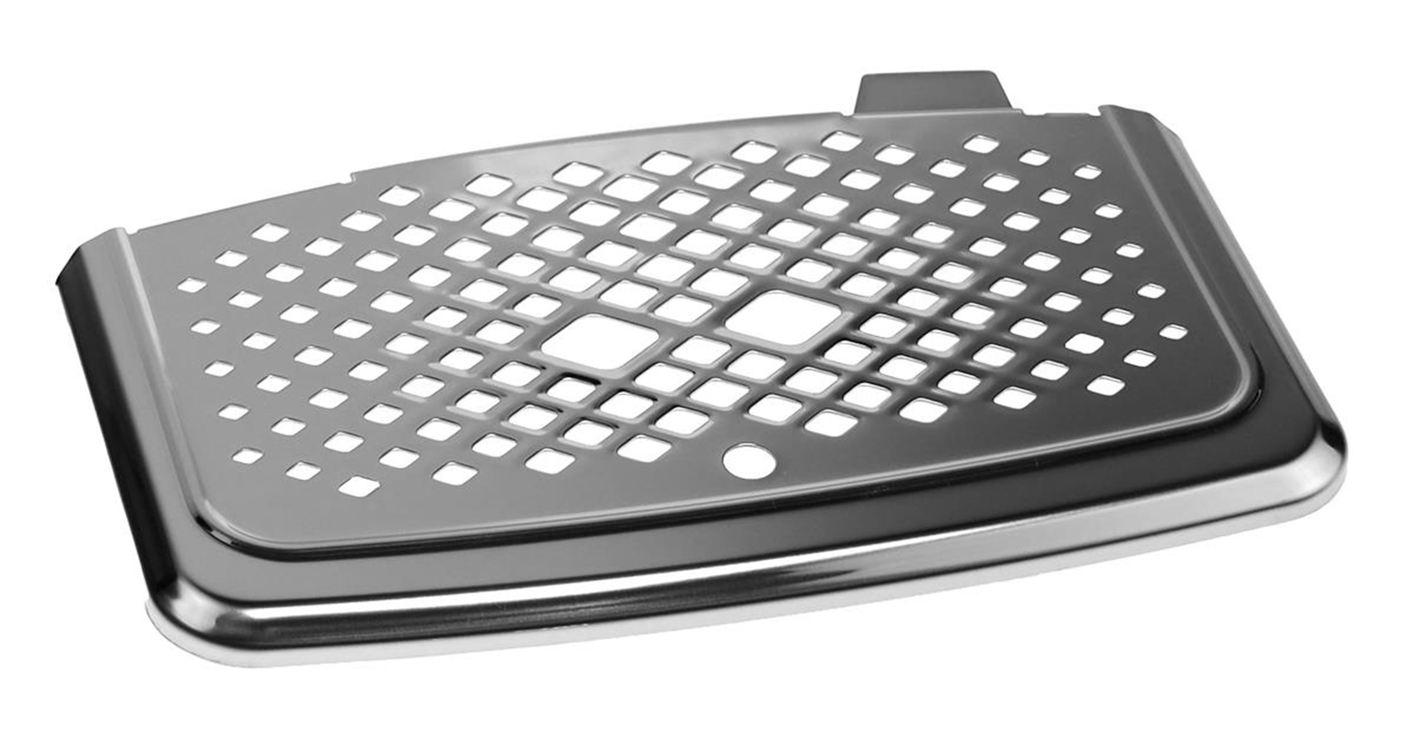 Ein glänzendes, rechteckiges Metallgitter mit vielen kleinen quadratischen Löchern.