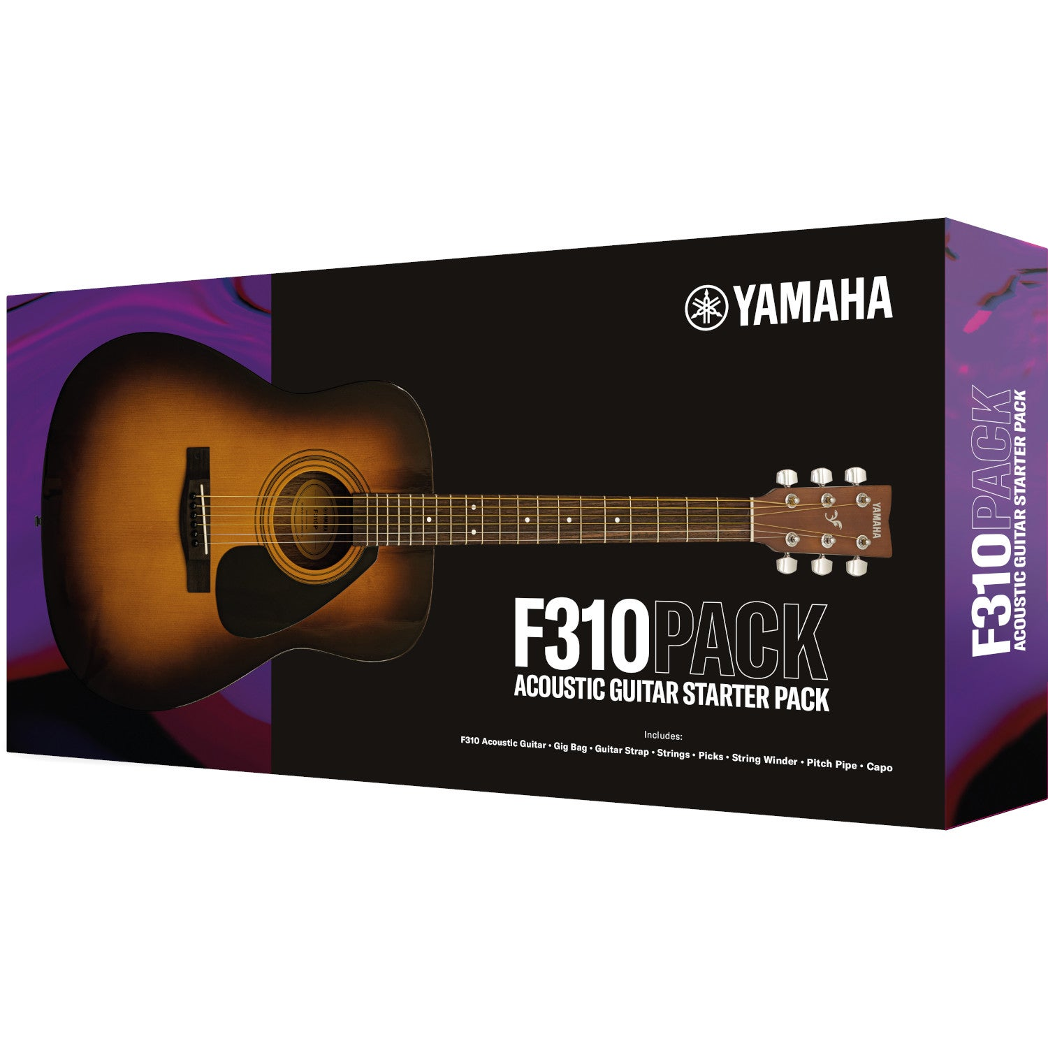 Yamaha F310 pacchetto starter chitarra acustica su scatola nera con immagine.