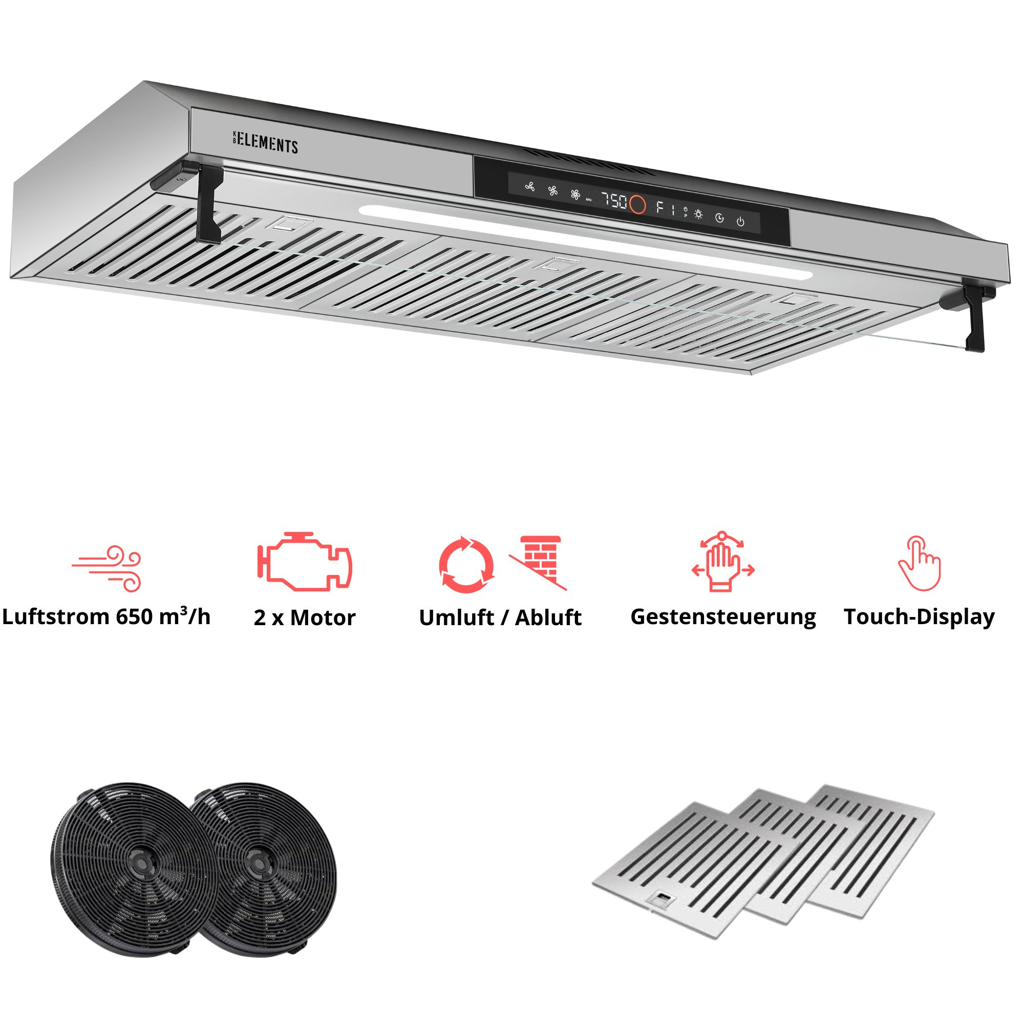 Edelstahl Dunstabzugshaube mit Touch-Display, 650 m³/h, 2 Motoren.