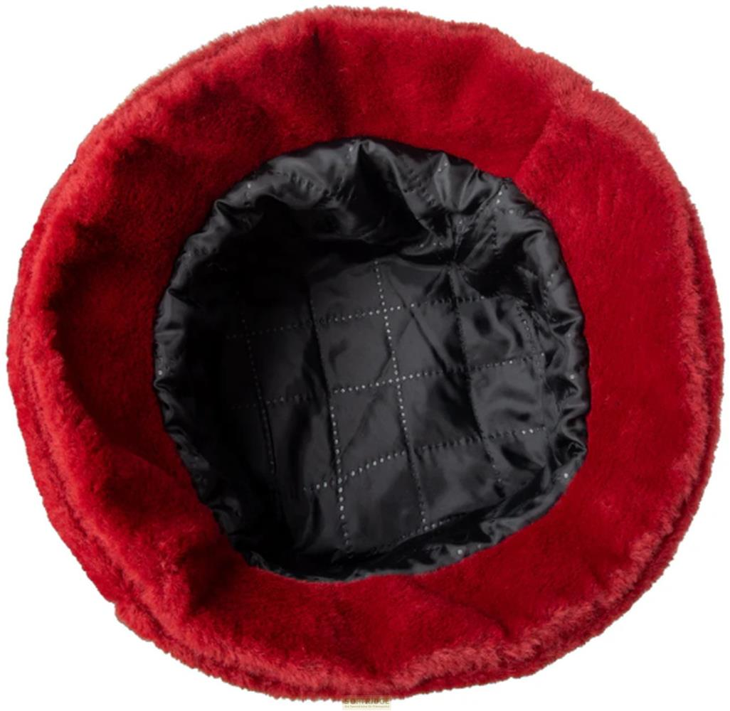 Rote Kunstpelzmütze mit schwarzem, gestepptem Innenfutter, von oben gesehen.