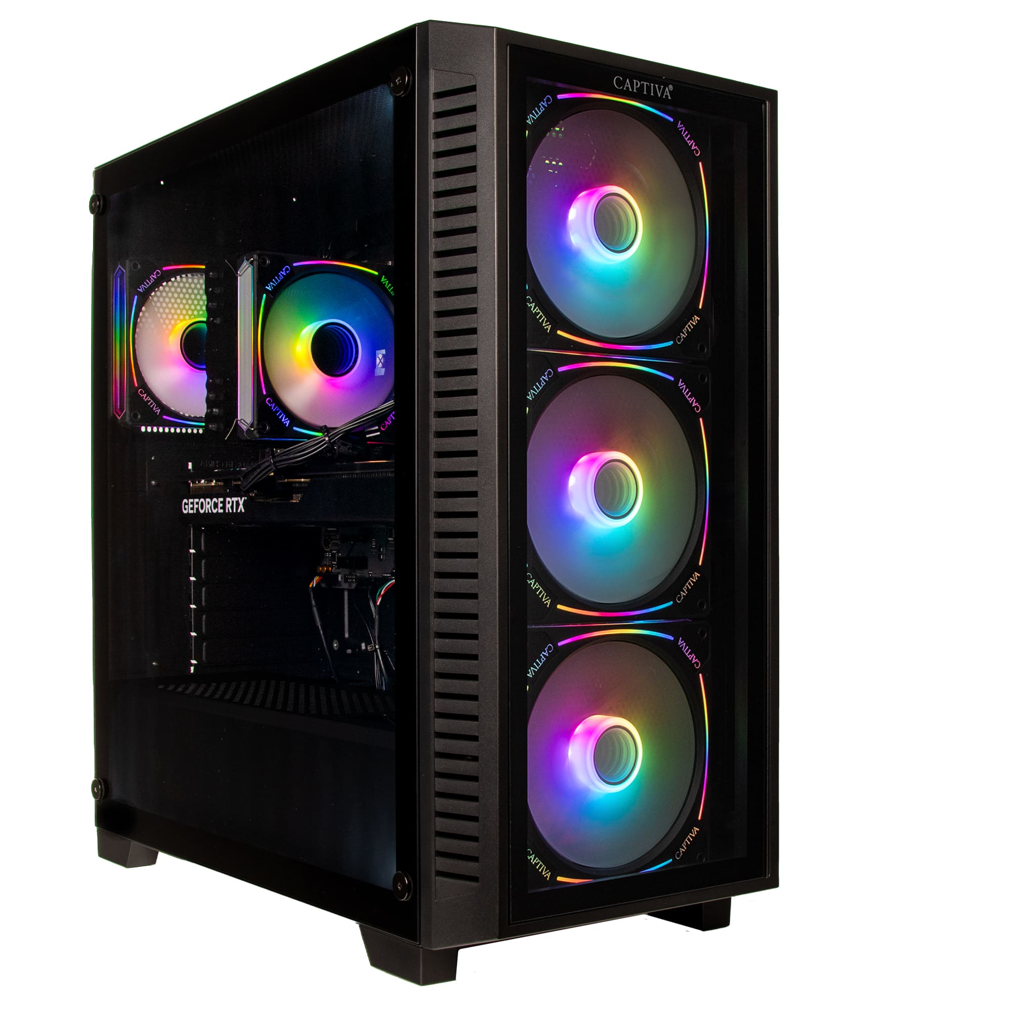 Zwarte pc met RGB-ventilatoren en glazen zijpaneel.