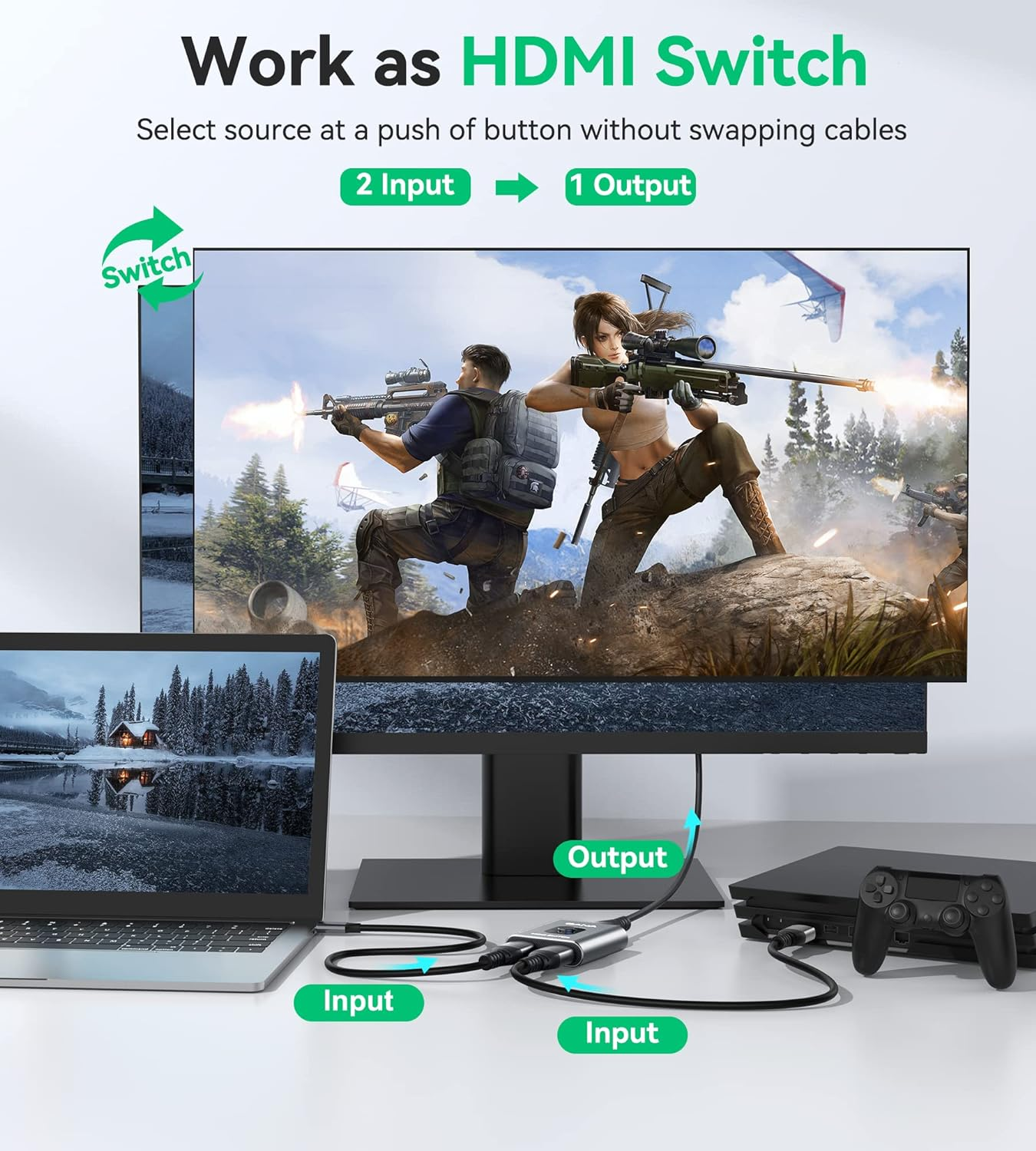 Przełącznik HDMI łączący laptop, monitor, konsolę. Dwa wejścia, jedno wyjście.