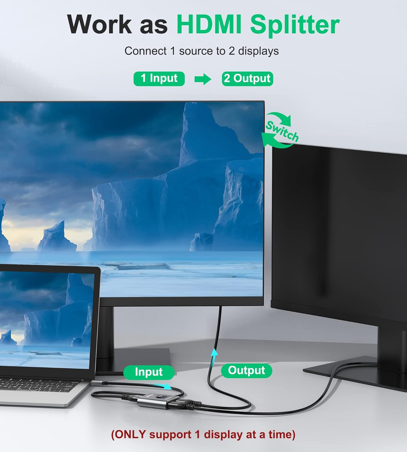 Laptop podłączony do rozdzielacza HDMI zasilającego dwa wyświetlacze.