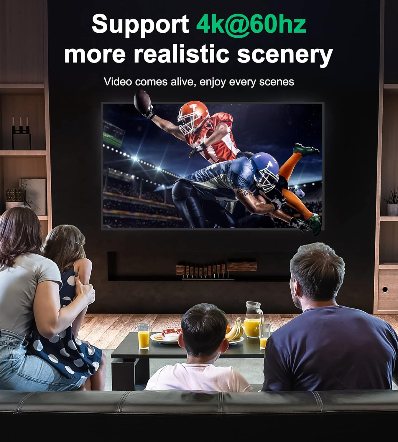 Rodzina ogląda mecz NFL na dużym telewizorze, z przekąskami.