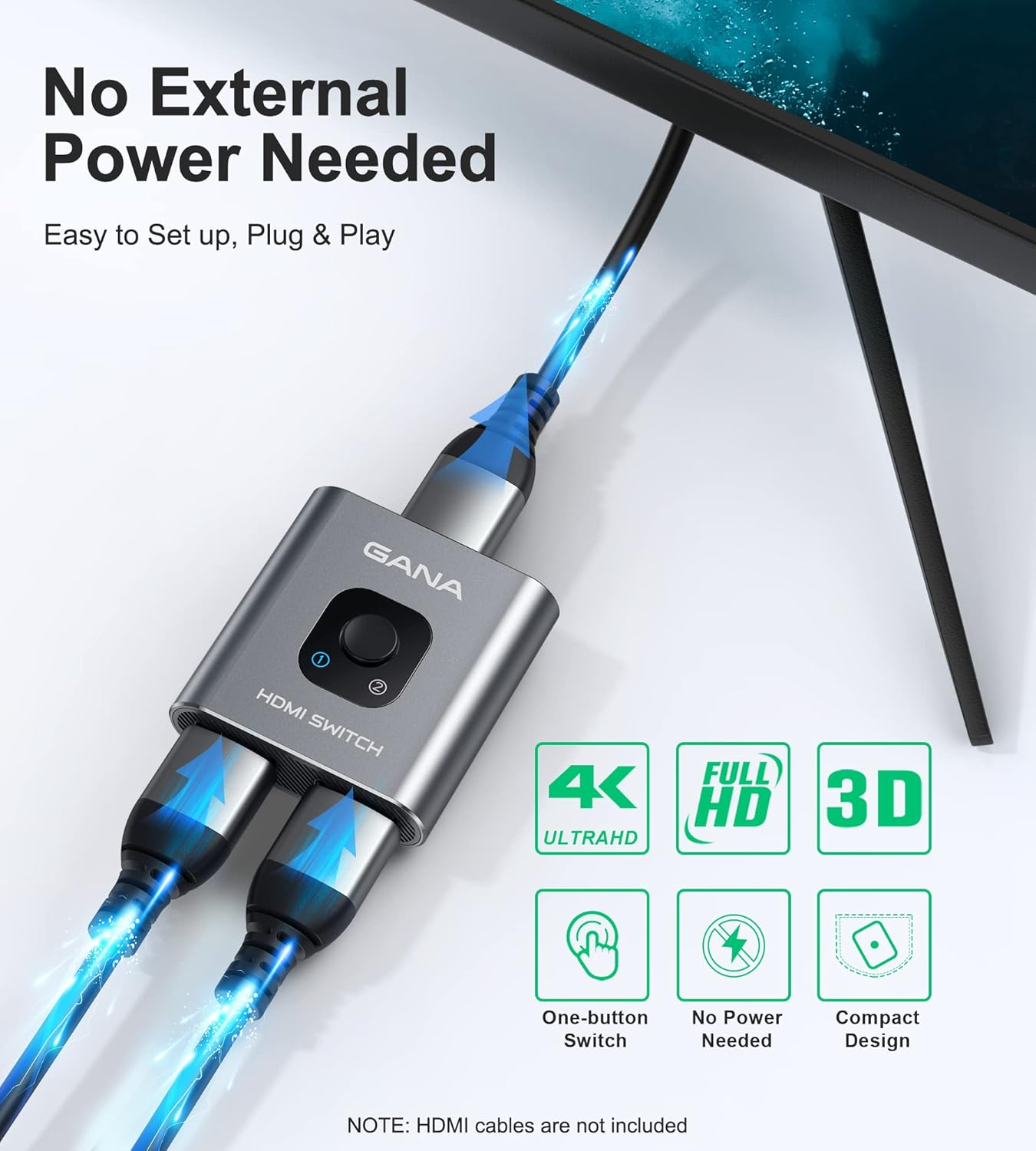 Szary przełącznik HDMI z dwoma podłączonymi kablami, z ikonami 4K, Full HD, 3D i jednym przyciskiem.