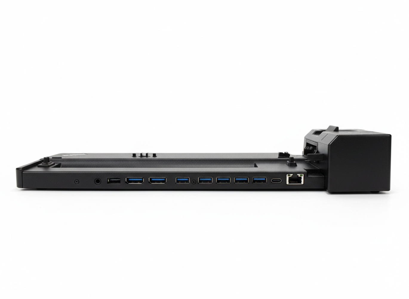 Schwarzer Laptop-Dockingstation mit vielen Anschlüssen wie USB und Ethernet.
