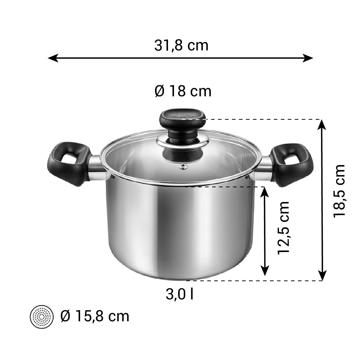 Edelstahltopf mit Glasdeckel, 3,0 Liter, Ø 18 cm.