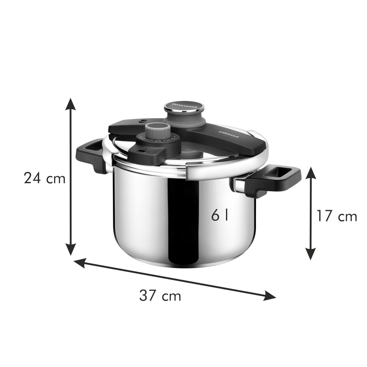 Edelstahl-Schnellkochtopf, 6 Liter, H=24cm, L=37cm, H2=17cm.