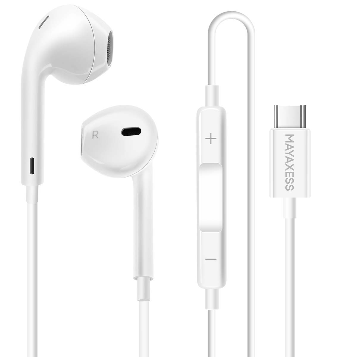 Weiße Kopfhörer mit USB-C-Anschluss und Lautstärkeregler.