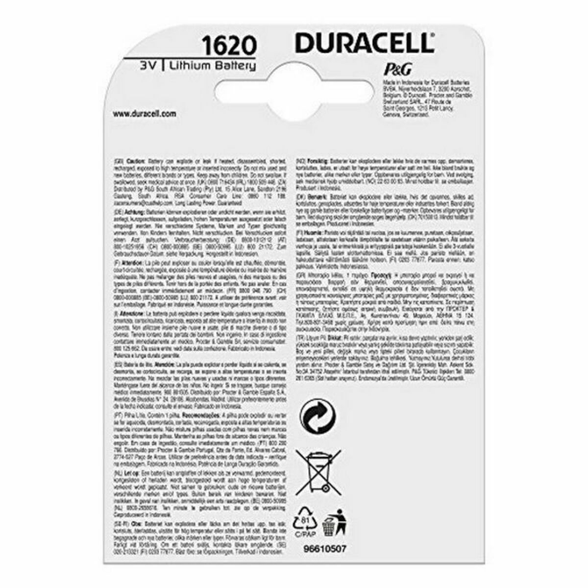 Duracell 1620 3V Lithium-Batterie mit Warnhinweisen und Produktinformationen.
