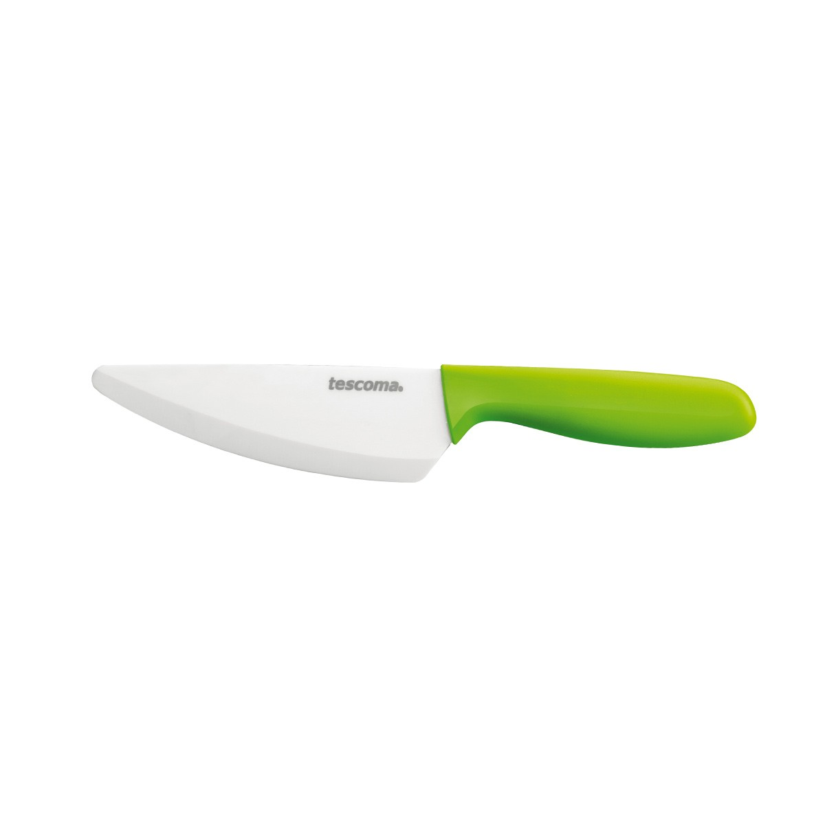 Ein weißes Keramikmesser mit einem leuchtend grünen Griff.
